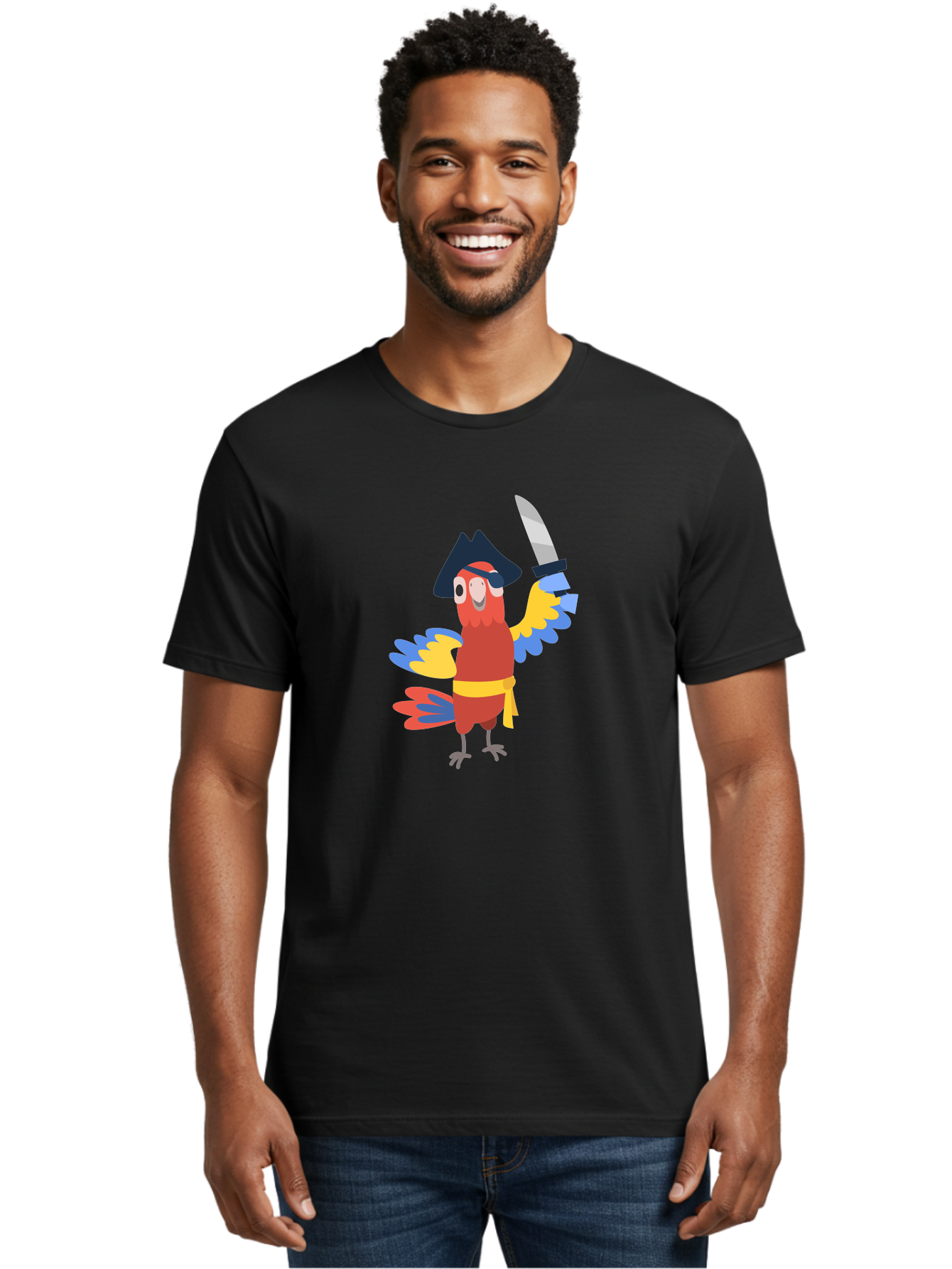 Pirate-Parrot-1 Men'S Graphic Tee, 100% Cotton, Comfortable Casual Summer Wear, Machine Washable, Cartoon Parrot, Pirate Character, Pirate Hat, Eye Patch, Sword, Yellow Sash, Colorful Plumage, Swashbuckling, Pirate-Themed, Aab874