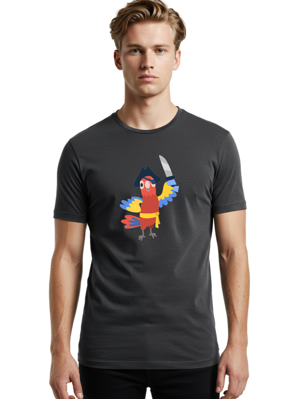 Pirate-Parrot-1 Men'S Graphic Tee, 100% Cotton, Comfortable Casual Summer Wear, Machine Washable, Cartoon Parrot, Pirate Character, Pirate Hat, Eye Patch, Sword, Yellow Sash, Colorful Plumage, Swashbuckling, Pirate-Themed, Aab874