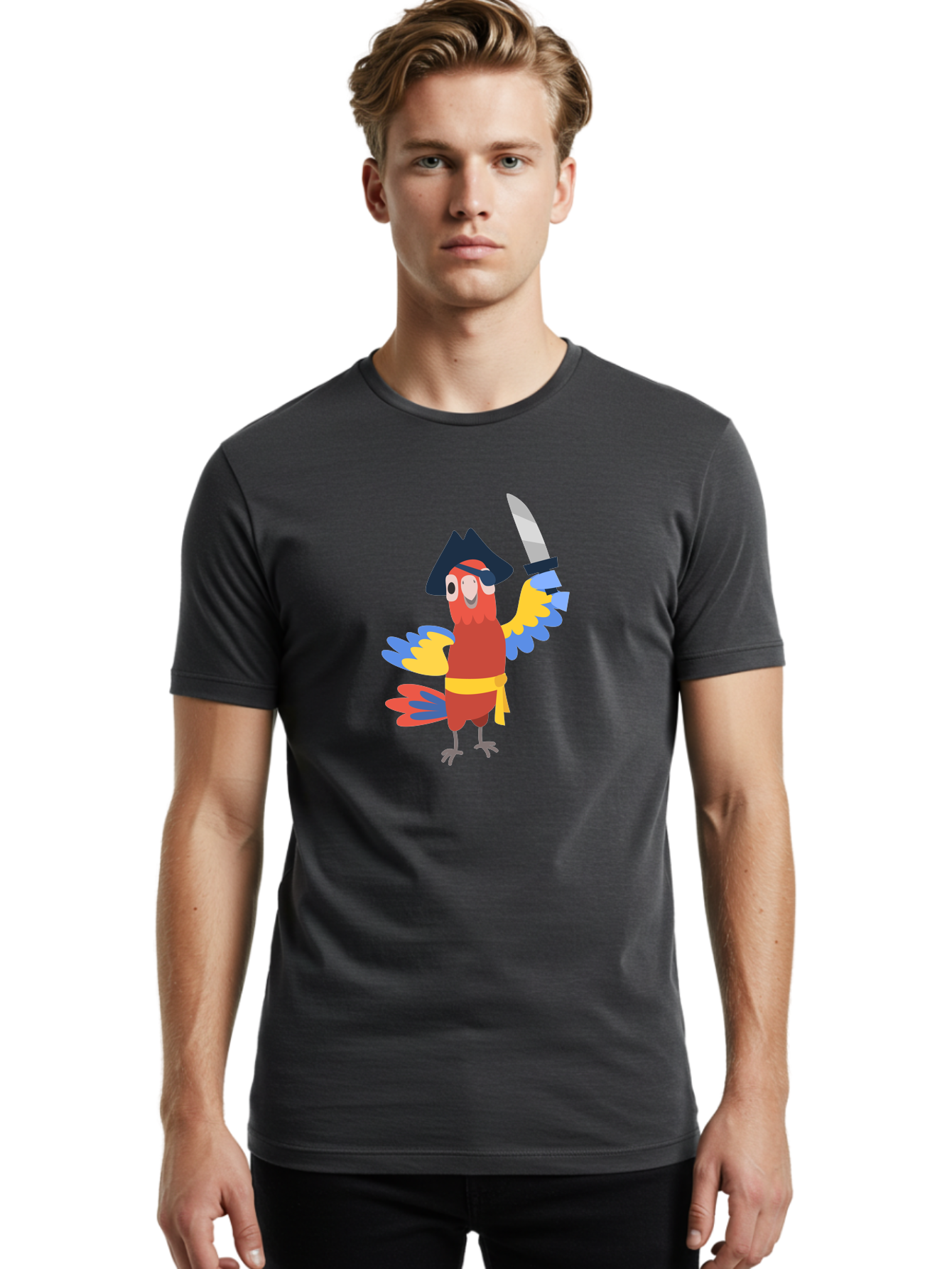 Pirate-Parrot-1 Men'S Graphic Tee, 100% Cotton, Comfortable Casual Summer Wear, Machine Washable, Cartoon Parrot, Pirate Character, Pirate Hat, Eye Patch, Sword, Yellow Sash, Colorful Plumage, Swashbuckling, Pirate-Themed, Aab874