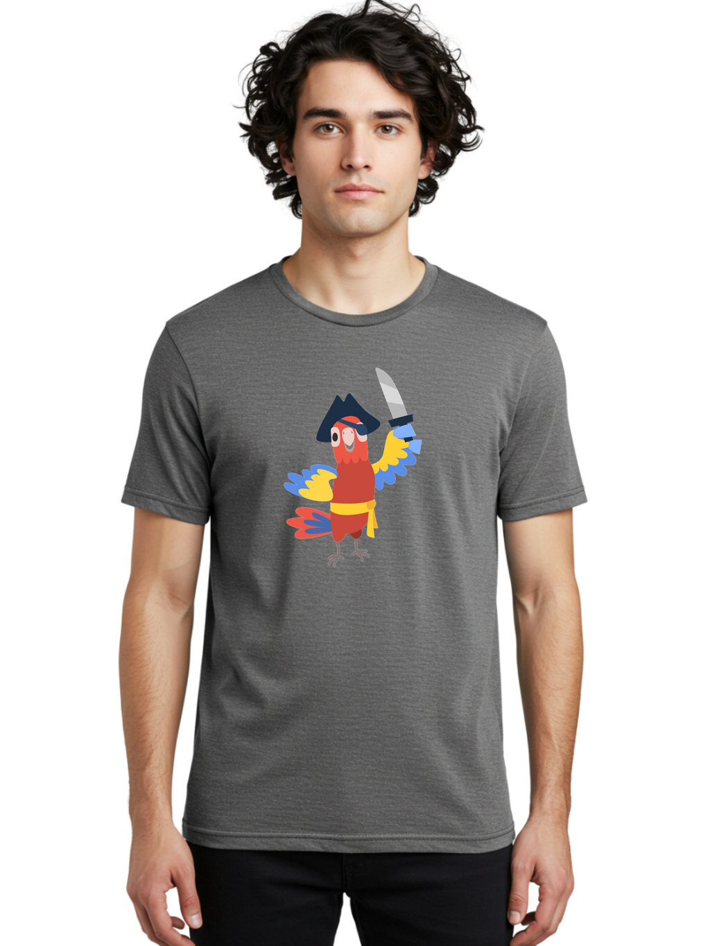 Pirate-Parrot-1 Men'S Graphic Tee, 100% Cotton, Comfortable Casual Summer Wear, Machine Washable, Cartoon Parrot, Pirate Character, Pirate Hat, Eye Patch, Sword, Yellow Sash, Colorful Plumage, Swashbuckling, Pirate-Themed, Aab874