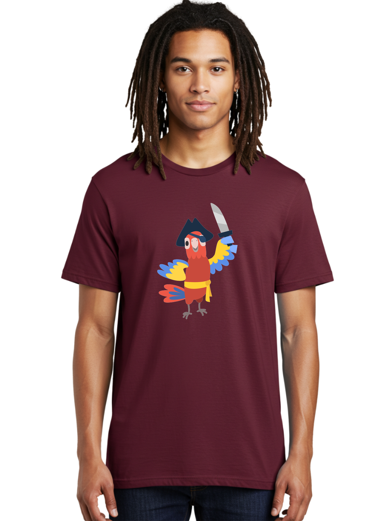 Pirate-Parrot-1 Men'S Graphic Tee, 100% Cotton, Comfortable Casual Summer Wear, Machine Washable, Cartoon Parrot, Pirate Character, Pirate Hat, Eye Patch, Sword, Yellow Sash, Colorful Plumage, Swashbuckling, Pirate-Themed, Aab874