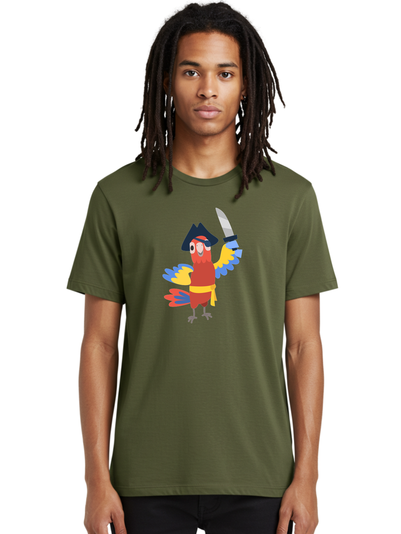 Pirate-Parrot-1 Men'S Graphic Tee, 100% Cotton, Comfortable Casual Summer Wear, Machine Washable, Cartoon Parrot, Pirate Character, Pirate Hat, Eye Patch, Sword, Yellow Sash, Colorful Plumage, Swashbuckling, Pirate-Themed, Aab874