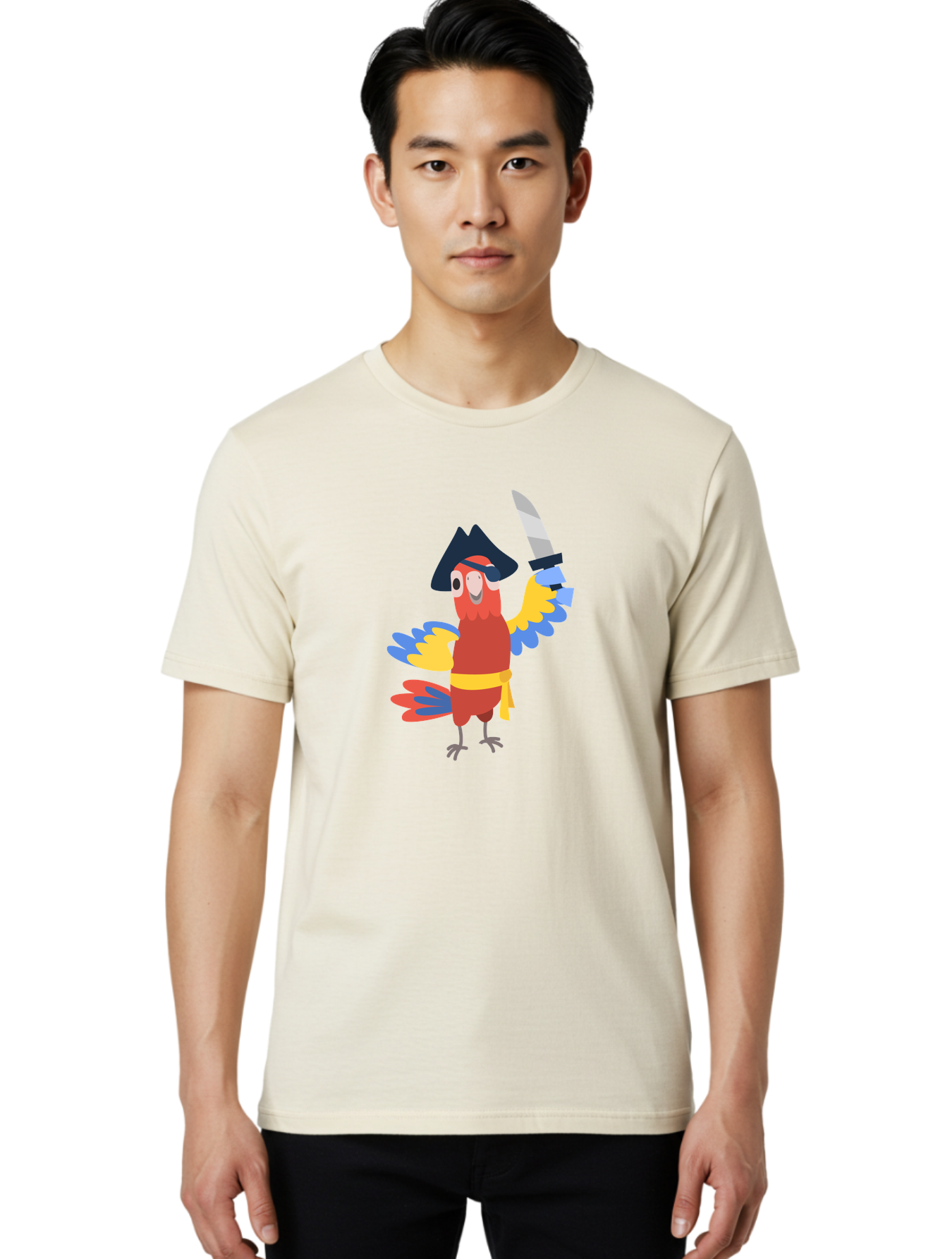 Pirate-Parrot-1 Men'S Graphic Tee, 100% Cotton, Comfortable Casual Summer Wear, Machine Washable, Cartoon Parrot, Pirate Character, Pirate Hat, Eye Patch, Sword, Yellow Sash, Colorful Plumage, Swashbuckling, Pirate-Themed, Aab874
