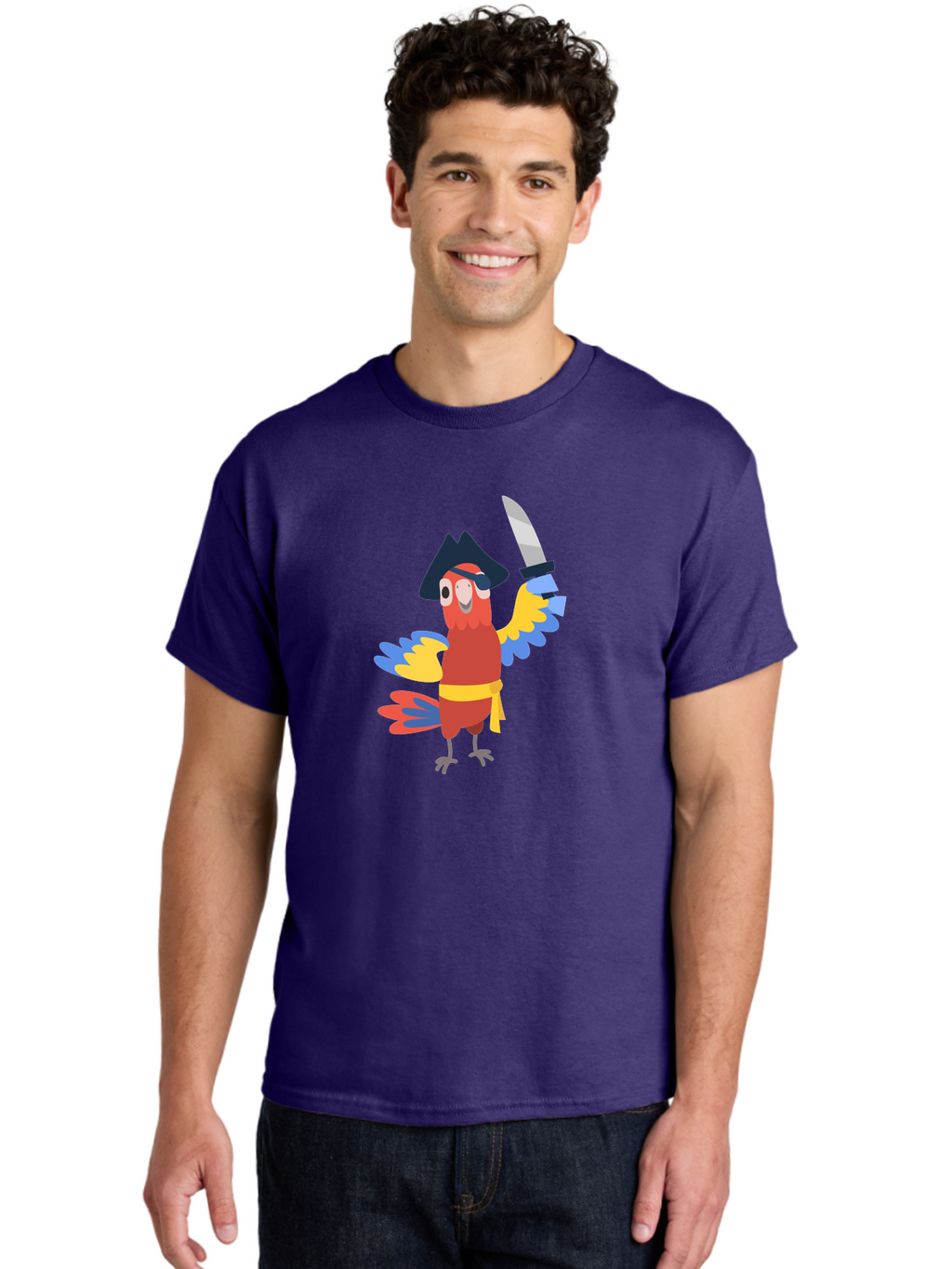 Pirate-Parrot-1 Men'S Graphic Tee, 100% Cotton, Comfortable Casual Summer Wear, Machine Washable, Cartoon Parrot, Pirate Character, Pirate Hat, Eye Patch, Sword, Yellow Sash, Colorful Plumage, Swashbuckling, Pirate-Themed, Aab874