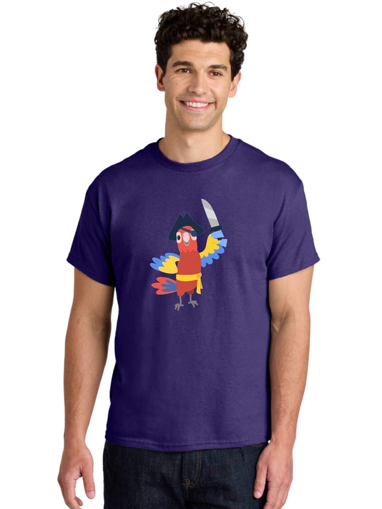 Pirate-Parrot-1 Men'S Graphic Tee, 100% Cotton, Comfortable Casual Summer Wear, Machine Washable, Cartoon Parrot, Pirate Character, Pirate Hat, Eye Patch, Sword, Yellow Sash, Colorful Plumage, Swashbuckling, Pirate-Themed, Aab874
