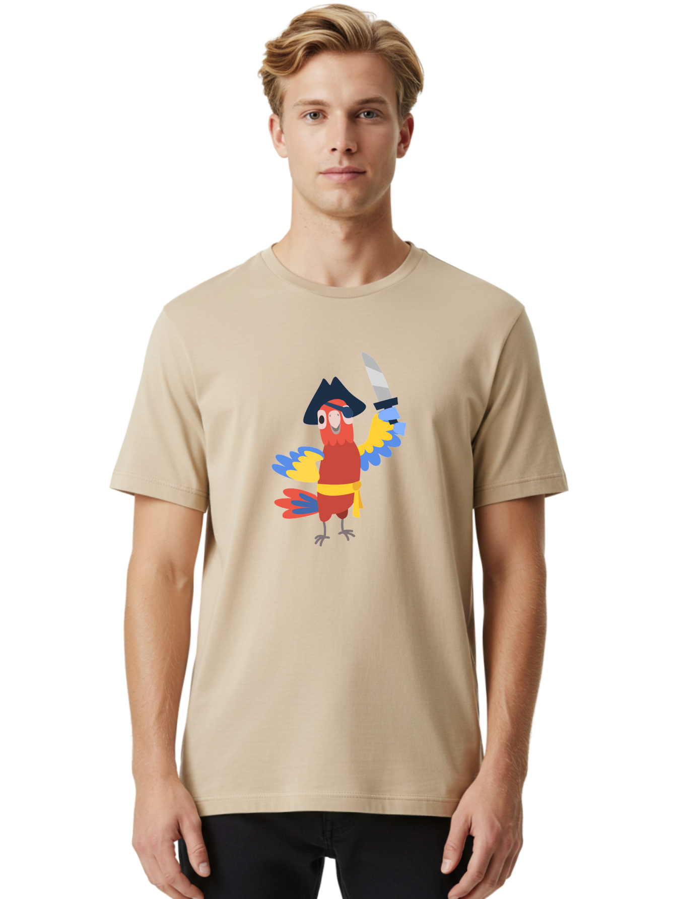 Pirate-Parrot Men'S Graphic Tee, 100% Cotton, Comfortable Casual Summer Wear, Machine Washable, Colorful Parrot Pirate, Pirate Bird Character, Swashbuckling Parrot, Pirate Hat, Pirate Sword, Cartoon Parrot, Pirate Costume, Red Parrot, Aab876