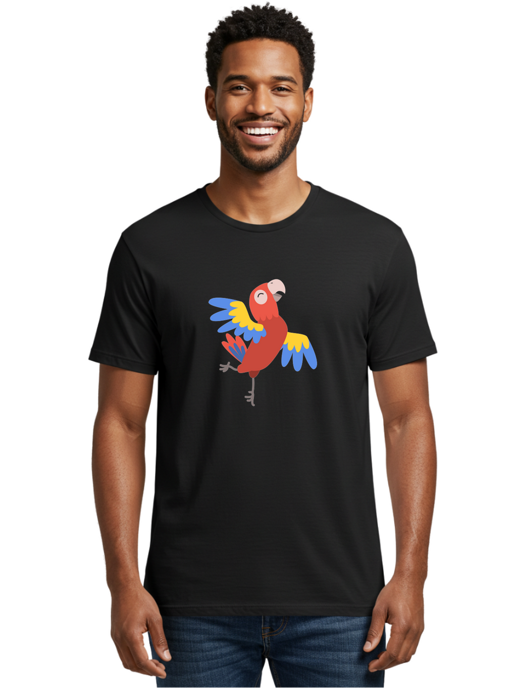 Red-Parrot-1 Men'S Graphic Tee, 100% Cotton, Comfortable Casual Summer Wear, Machine Washable, Vibrant Parrot, Colorful Bird, Tropical Animal, Red Plumage, Blue And Yellow Wings, Cartoon Character, Exotic Bird, Playful Stance, Aab877