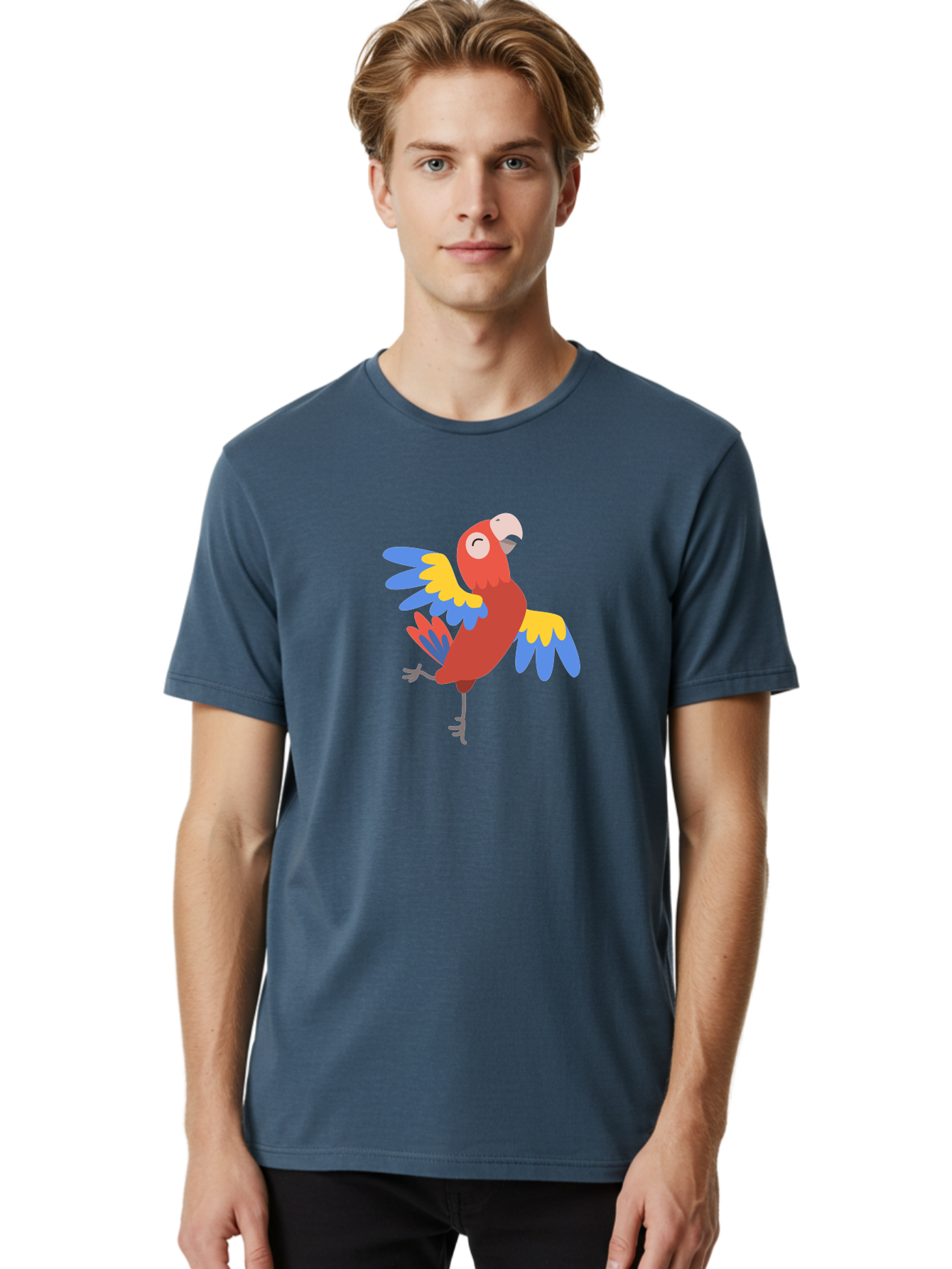 Red-Parrot-2 Men'S Graphic Tee, 100% Cotton, Comfortable Casual Summer Wear, Machine Washable, Colorful Parrot, Vibrant Red, Blue And Yellow Feathers, Tropical Bird, Cartoon Character, Playful Illustration, Exotic Animal, Bird Species Aab878