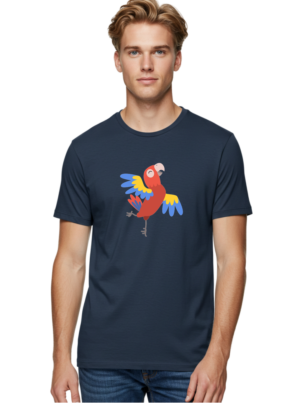 Red-Parrot-2 Men'S Graphic Tee, 100% Cotton, Comfortable Casual Summer Wear, Machine Washable, Colorful Parrot, Vibrant Red, Blue And Yellow Feathers, Tropical Bird, Cartoon Character, Playful Illustration, Exotic Animal, Bird Species Aab878