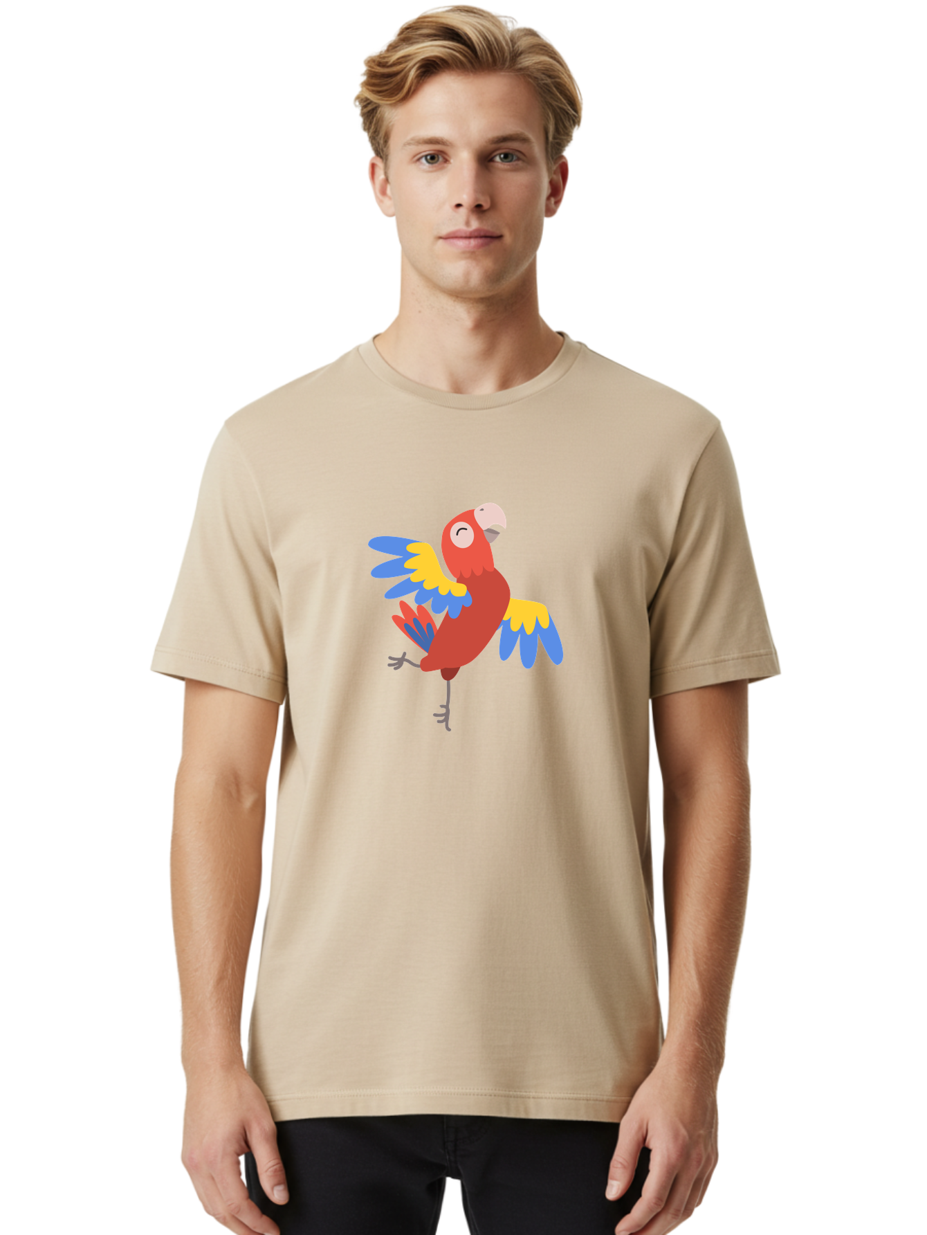 Red-Parrot-2 Men'S Graphic Tee, 100% Cotton, Comfortable Casual Summer Wear, Machine Washable, Colorful Parrot, Vibrant Red, Blue And Yellow Feathers, Tropical Bird, Cartoon Character, Playful Illustration, Exotic Animal, Bird Species Aab878