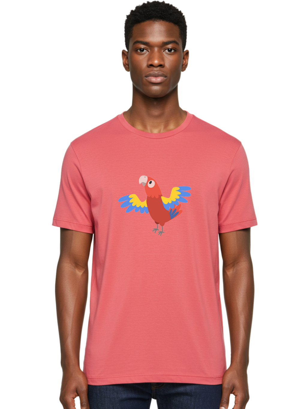 Red-Parrot-3 Men'S Graphic Tee, 100% Cotton, Comfortable Casual Summer Wear, Machine Washable, Vibrant Red Parrot, Colorful Bird, Blue And Yellow Wings, Cartoon Illustration, Playful Parrot, Tropical Bird, Animal Art, Red Feathers, Aab879
