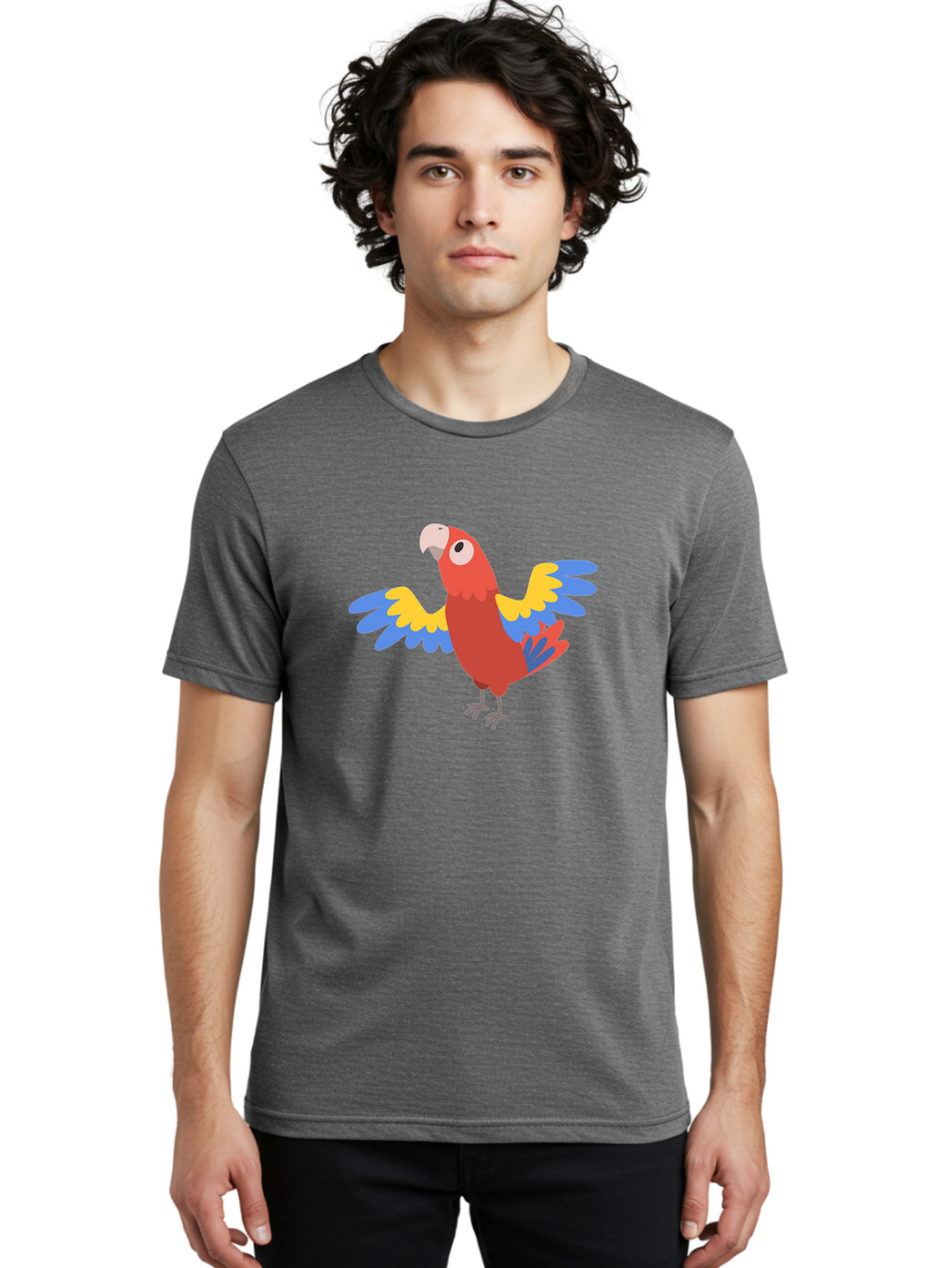 Red-Parrot-3 Men'S Graphic Tee, 100% Cotton, Comfortable Casual Summer Wear, Machine Washable, Vibrant Red Parrot, Colorful Bird, Blue And Yellow Wings, Cartoon Illustration, Playful Parrot, Tropical Bird, Animal Art, Red Feathers, Aab879