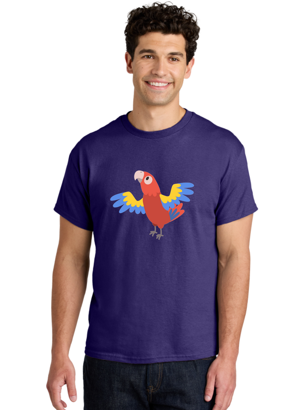 Red-Parrot-3 Men'S Graphic Tee, 100% Cotton, Comfortable Casual Summer Wear, Machine Washable, Vibrant Red Parrot, Colorful Bird, Blue And Yellow Wings, Cartoon Illustration, Playful Parrot, Tropical Bird, Animal Art, Red Feathers, Aab879