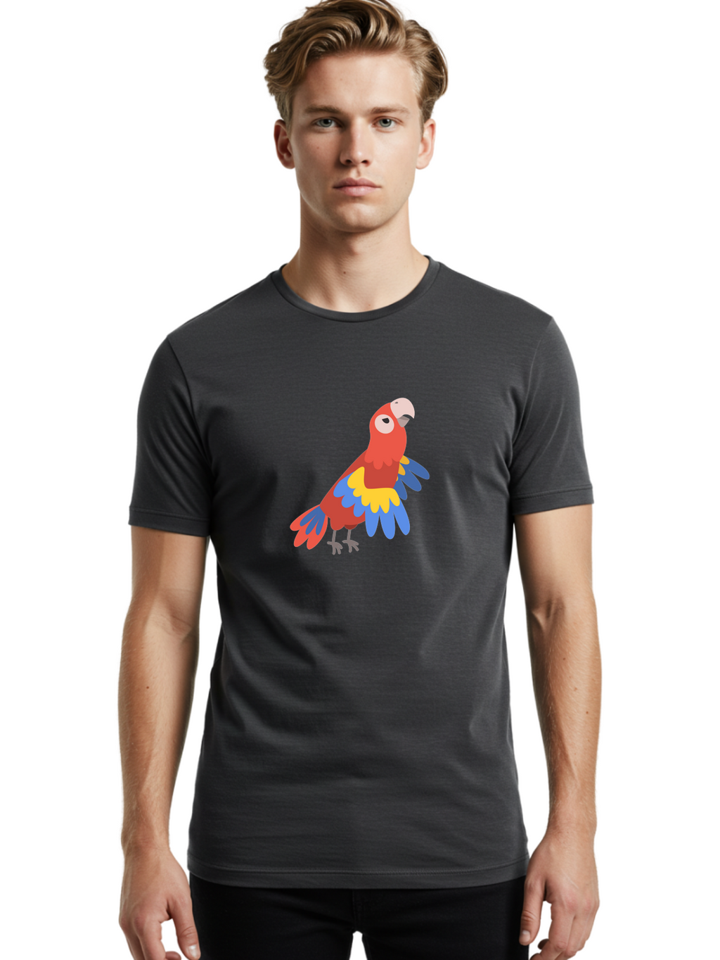 Red-Parrot-4 Men'S Graphic Tee, 100% Cotton, Comfortable Casual Summer Wear, Machine Washable, Colorful Parrot, Vibrant Red, Blue And Yellow Feathers, Cartoon Bird, Tropical Wildlife, Exotic Pet, Playful Creature, Fun Illustration Aab880