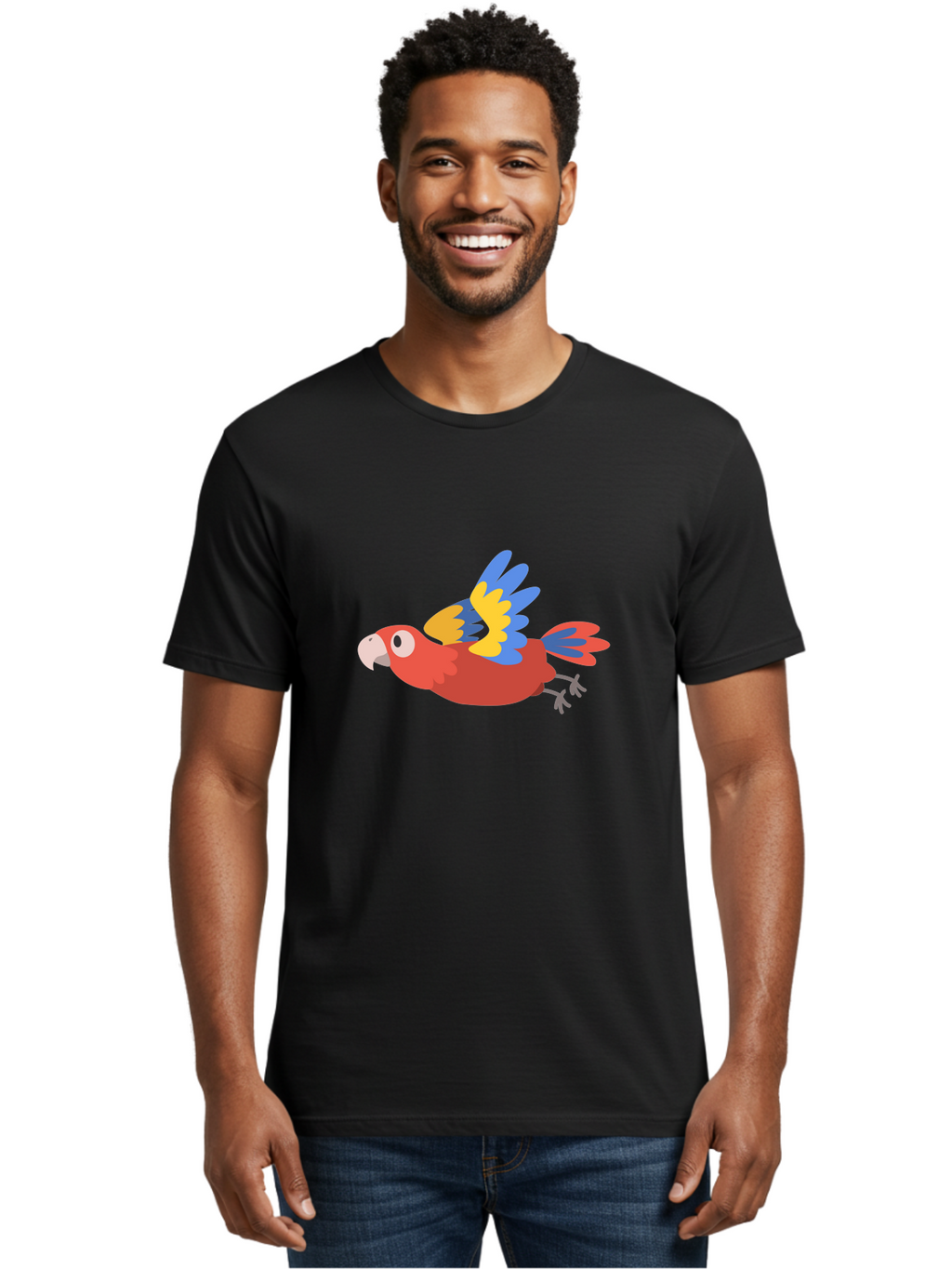 Red-Parrot Men'S Graphic Tee, 100% Cotton, Comfortable Casual Summer Wear, Machine Washable, Colorful Parrot, Vibrant Red, Blue And Yellow Wings, Cartoon Bird, Tropical Bird, Flying Macaw, Parrot In Flight, Exotic Bird, Winged Creature, Aab881