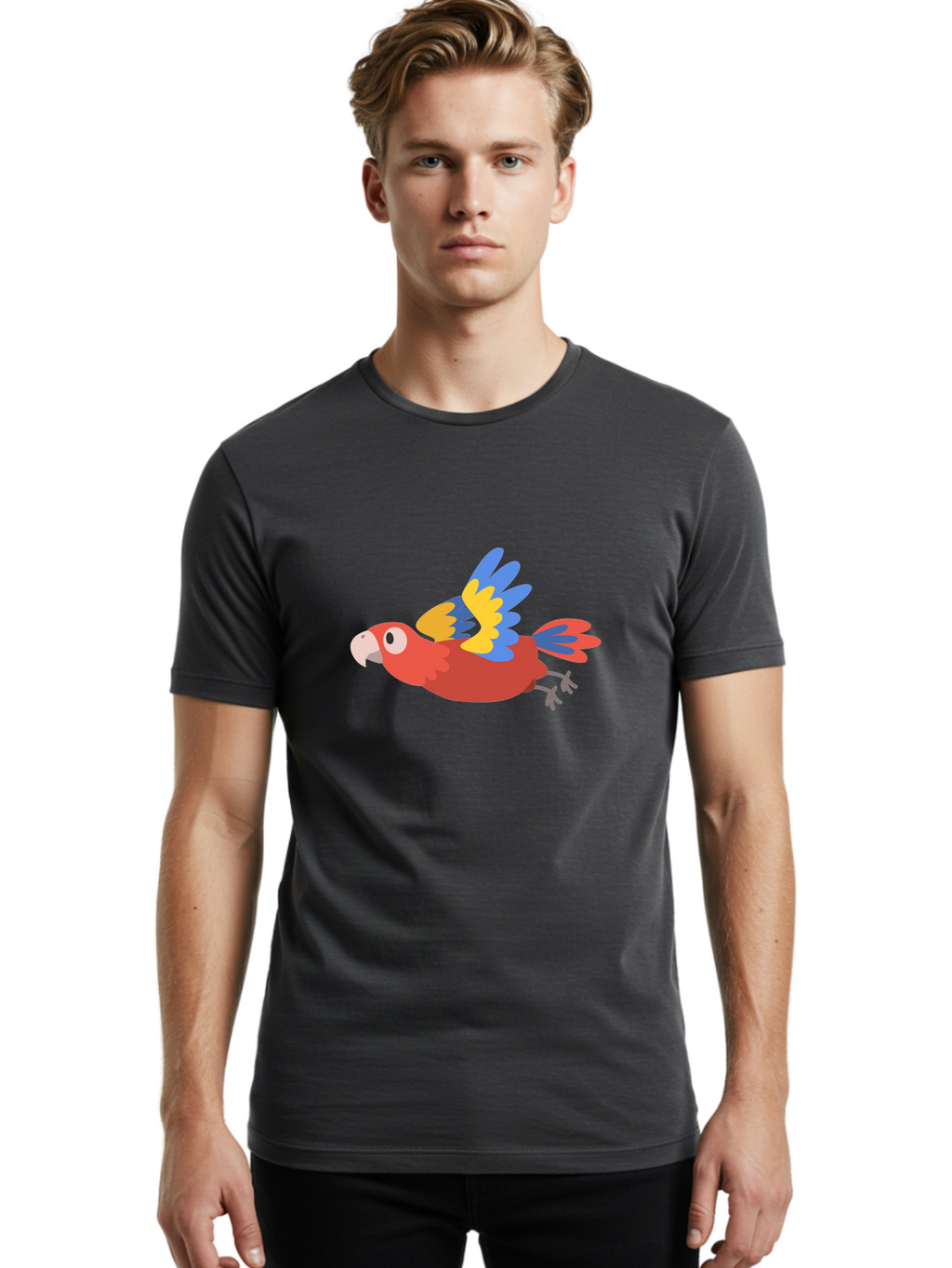 Red-Parrot Men'S Graphic Tee, 100% Cotton, Comfortable Casual Summer Wear, Machine Washable, Colorful Parrot, Vibrant Red, Blue And Yellow Wings, Cartoon Bird, Tropical Bird, Flying Macaw, Parrot In Flight, Exotic Bird, Winged Creature, Aab881