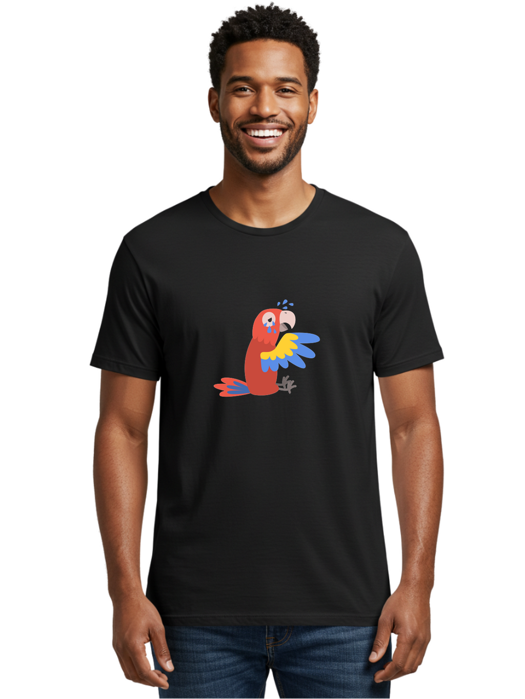 Sad-Parrot Men'S Graphic Tee, 100% Cotton, Comfortable Casual Summer Wear, Machine Washable, Sad Parrot, Cartoon Bird, Emotional Animal, Colorful Plumage, Blue Tears, Vibrant Artwork, Playful Illustration, Distressed Creature Aab882