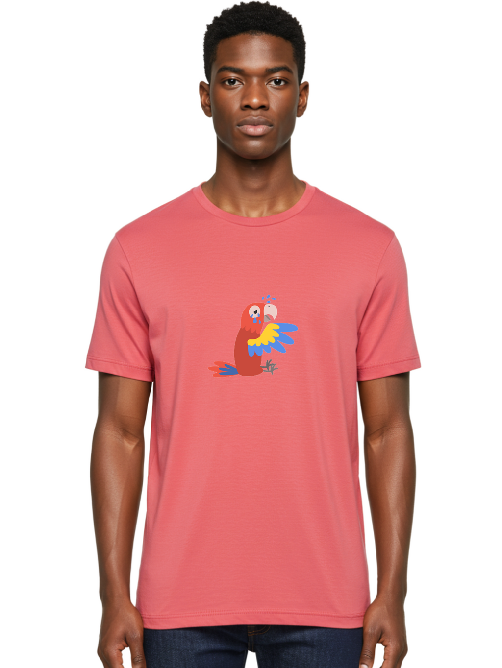 Sad-Parrot Men'S Graphic Tee, 100% Cotton, Comfortable Casual Summer Wear, Machine Washable, Sad Parrot, Cartoon Bird, Emotional Animal, Colorful Plumage, Blue Tears, Vibrant Artwork, Playful Illustration, Distressed Creature Aab882