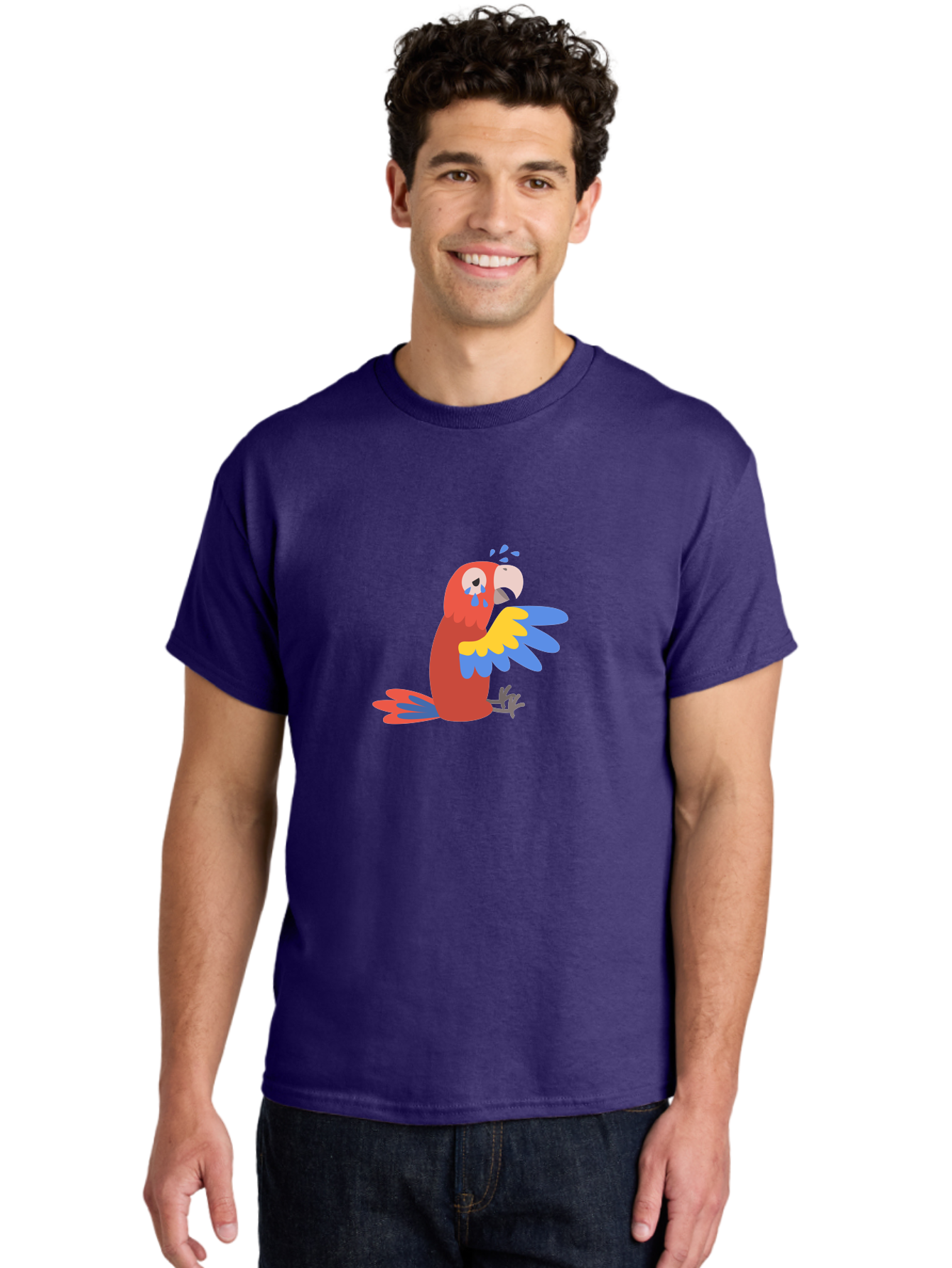 Sad-Parrot Men'S Graphic Tee, 100% Cotton, Comfortable Casual Summer Wear, Machine Washable, Sad Parrot, Cartoon Bird, Emotional Animal, Colorful Plumage, Blue Tears, Vibrant Artwork, Playful Illustration, Distressed Creature Aab882