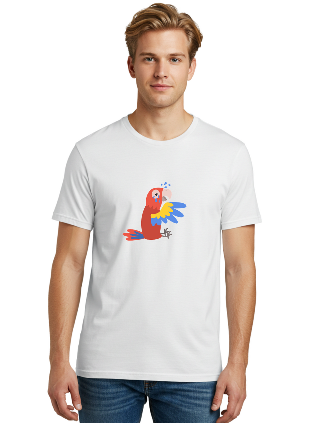 Sad-Parrot Men'S Graphic Tee, 100% Cotton, Comfortable Casual Summer Wear, Machine Washable, Sad Parrot, Cartoon Bird, Emotional Animal, Colorful Plumage, Blue Tears, Vibrant Artwork, Playful Illustration, Distressed Creature Aab882