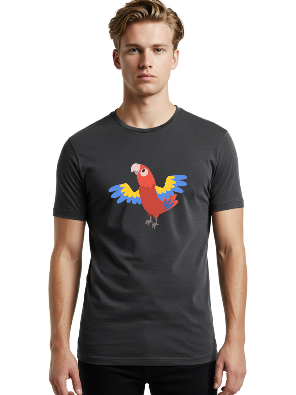 Scarlet-Macaw Men'S Graphic Tee, 100% Cotton, Comfortable Casual Summer Wear, Machine Washable, Colorful Parrot, Vibrant Red Body, Blue And Yellow Wings, Cartoon-Style Illustration, Tropical Bird, Playful, Parrot Species, Exotic Plumage, Aab883