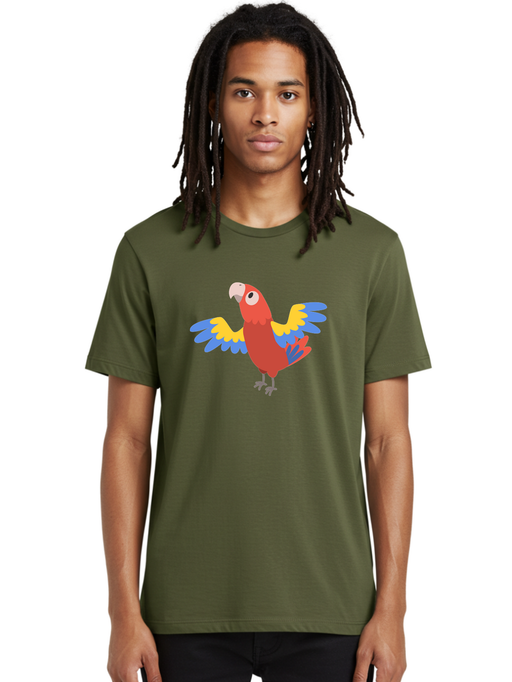 Scarlet-Macaw Men'S Graphic Tee, 100% Cotton, Comfortable Casual Summer Wear, Machine Washable, Colorful Parrot, Vibrant Red Body, Blue And Yellow Wings, Cartoon-Style Illustration, Tropical Bird, Playful, Parrot Species, Exotic Plumage, Aab883