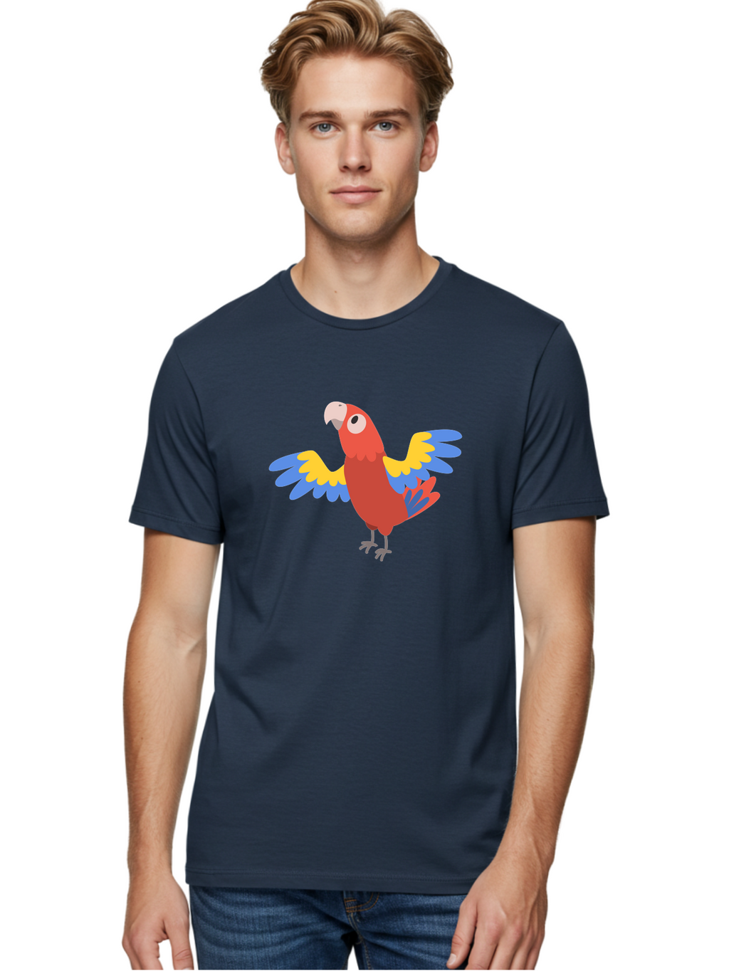 Scarlet-Macaw Men'S Graphic Tee, 100% Cotton, Comfortable Casual Summer Wear, Machine Washable, Colorful Parrot, Vibrant Red Body, Blue And Yellow Wings, Cartoon-Style Illustration, Tropical Bird, Playful, Parrot Species, Exotic Plumage, Aab883