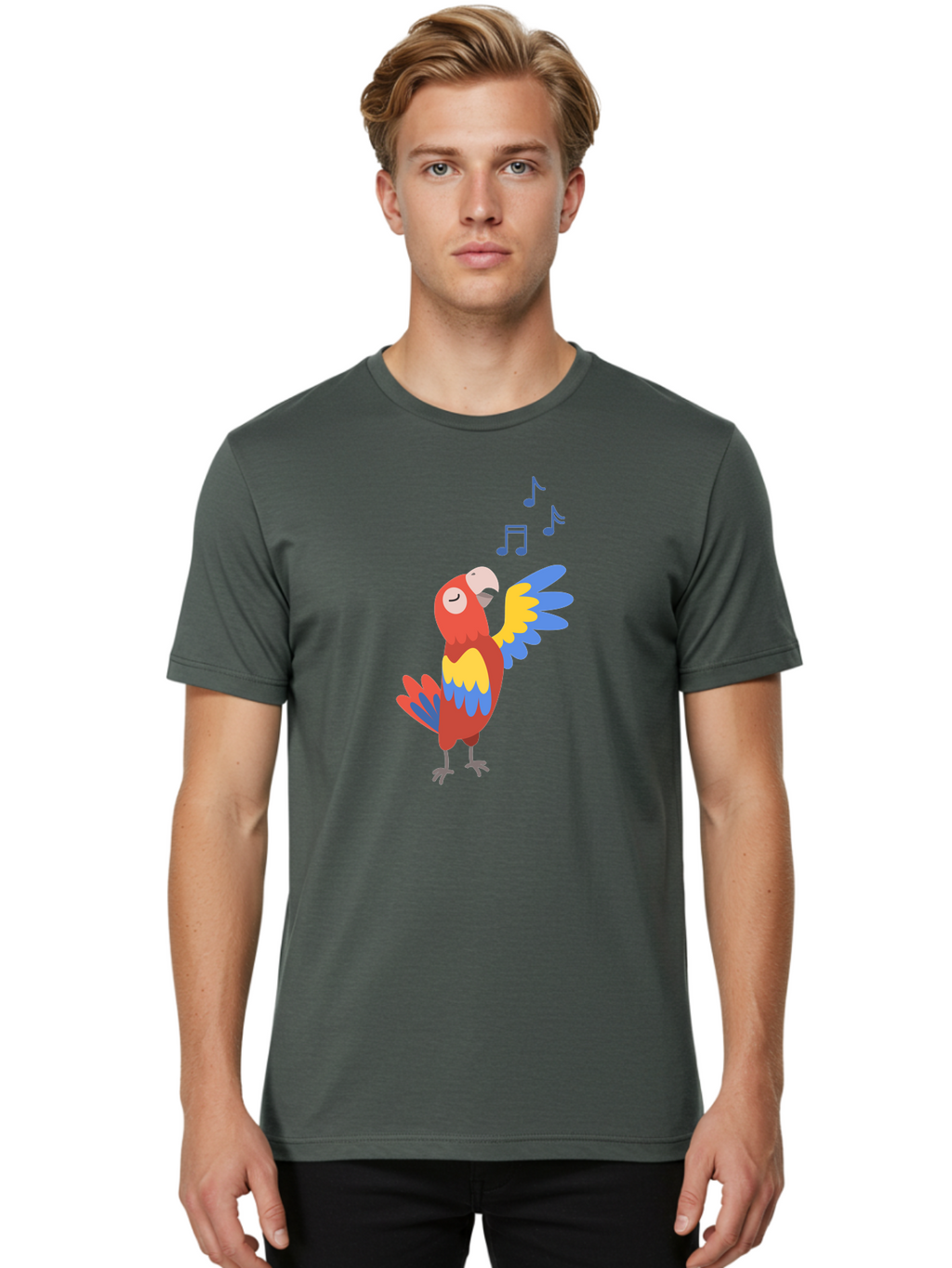 Singing-Parrot-1 Men'S Graphic Tee, 100% Cotton, Comfortable Casual Summer Wear, Machine Washable, Singing Parrot, Colorful Bird, Music Notes, Vibrant Plumage, Happy Expression, Melodic Sounds, Tropical Ambiance, Lively Atmosphere, Aab884