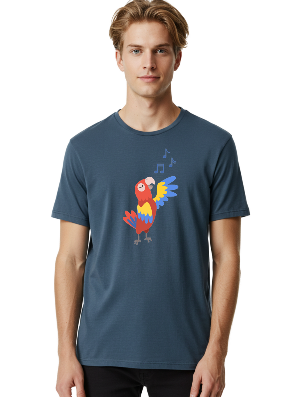 Singing-Parrot-1 Men'S Graphic Tee, 100% Cotton, Comfortable Casual Summer Wear, Machine Washable, Singing Parrot, Colorful Bird, Music Notes, Vibrant Plumage, Happy Expression, Melodic Sounds, Tropical Ambiance, Lively Atmosphere, Aab884