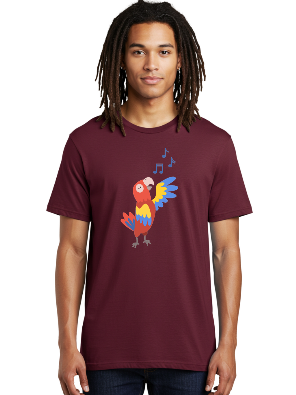 Singing-Parrot-1 Men'S Graphic Tee, 100% Cotton, Comfortable Casual Summer Wear, Machine Washable, Singing Parrot, Colorful Bird, Music Notes, Vibrant Plumage, Happy Expression, Melodic Sounds, Tropical Ambiance, Lively Atmosphere, Aab884