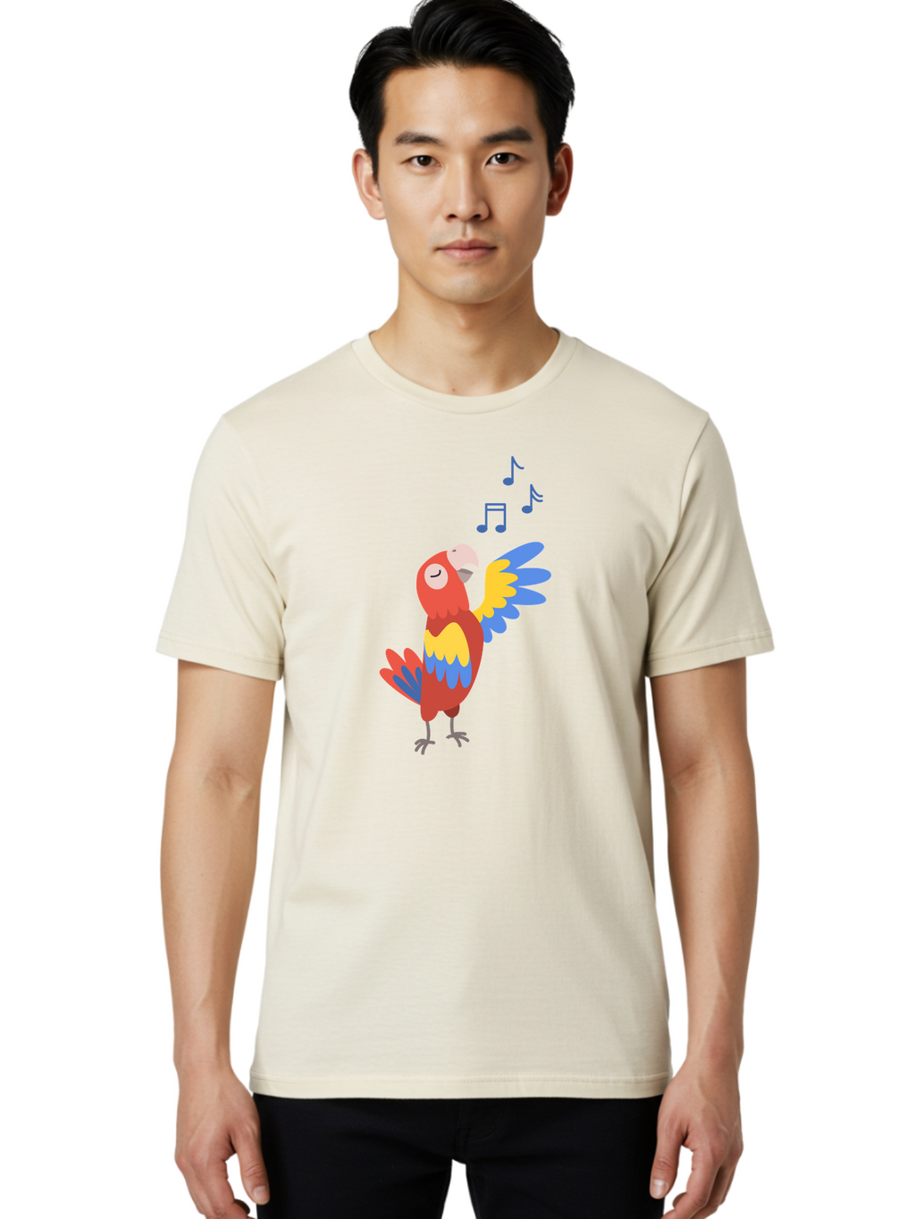 Singing-Parrot-1 Men'S Graphic Tee, 100% Cotton, Comfortable Casual Summer Wear, Machine Washable, Singing Parrot, Colorful Bird, Music Notes, Vibrant Plumage, Happy Expression, Melodic Sounds, Tropical Ambiance, Lively Atmosphere, Aab884