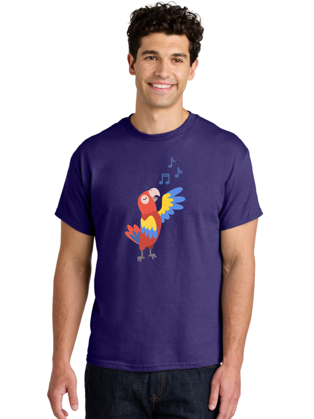 Singing-Parrot-1 Men'S Graphic Tee, 100% Cotton, Comfortable Casual Summer Wear, Machine Washable, Singing Parrot, Colorful Bird, Music Notes, Vibrant Plumage, Happy Expression, Melodic Sounds, Tropical Ambiance, Lively Atmosphere, Aab884