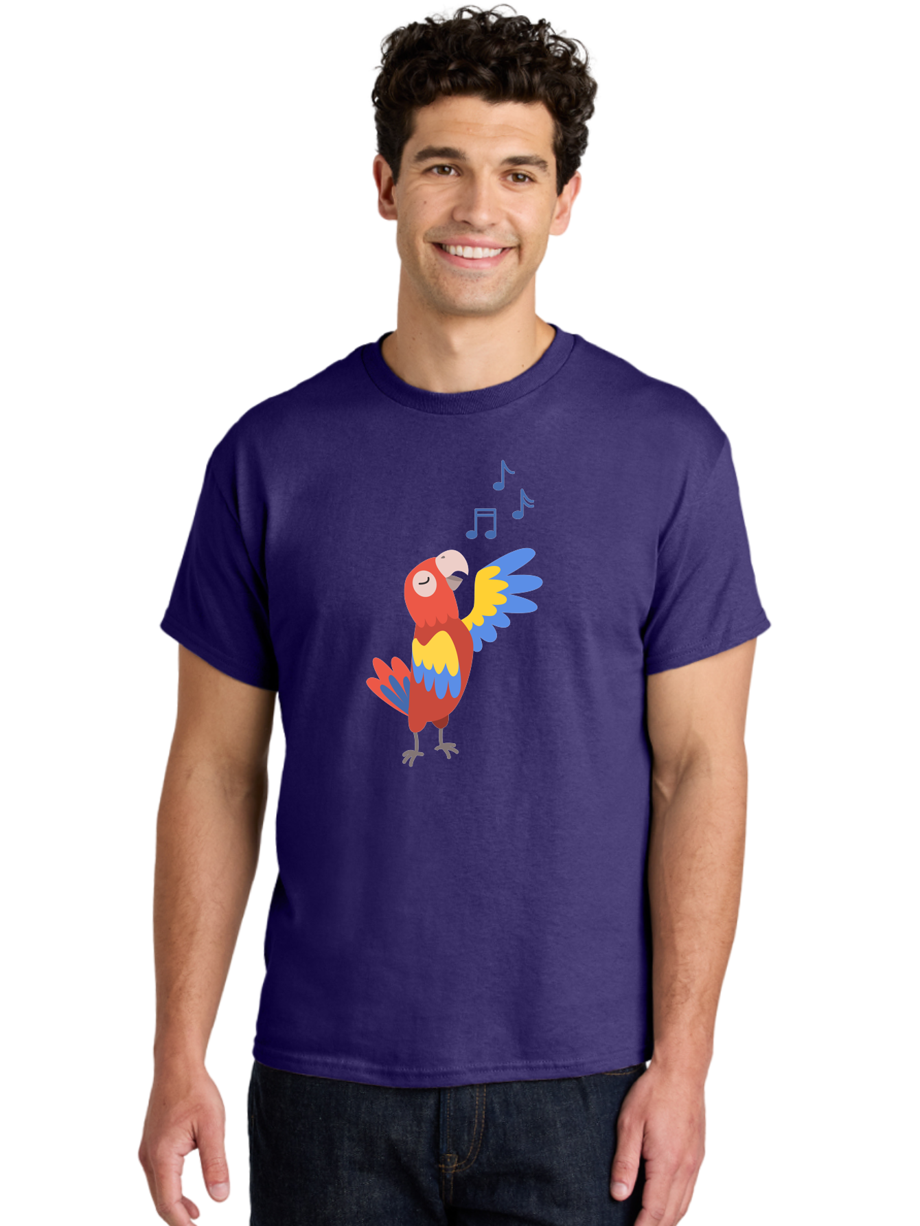 Singing-Parrot-1 Men'S Graphic Tee, 100% Cotton, Comfortable Casual Summer Wear, Machine Washable, Singing Parrot, Colorful Bird, Music Notes, Vibrant Plumage, Happy Expression, Melodic Sounds, Tropical Ambiance, Lively Atmosphere, Aab884
