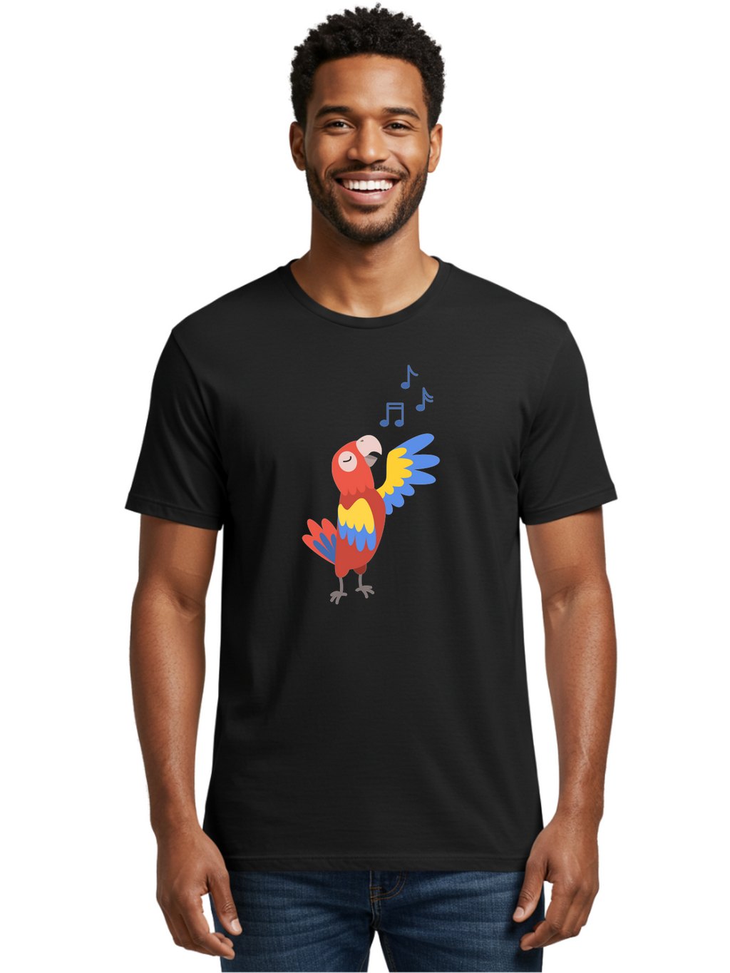 Singing-Parrot Men'S Graphic Tee, 100% Cotton, Comfortable Casual Summer Wear, Machine Washable, Colorful Parrot, Singing Bird, Vibrant Plumage, Tropical Bird, Happy Atmosphere, Melodic Sounds, Bird Song, Joyful Creature Aab887