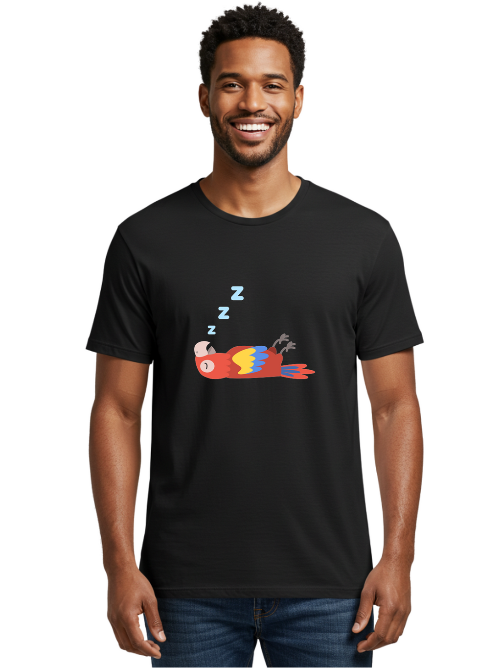Sleeping-Parrot-1 Men'S Graphic Tee, 100% Cotton, Comfortable Casual Summer Wear, Machine Washable, Sleeping Parrot, Cartoon Bird, Colorful Plumage, Relaxed Atmosphere, Snoozing Animal, Zzz, Dreamy Expression, Vibrant Feathers, Tropical Bird Aab888