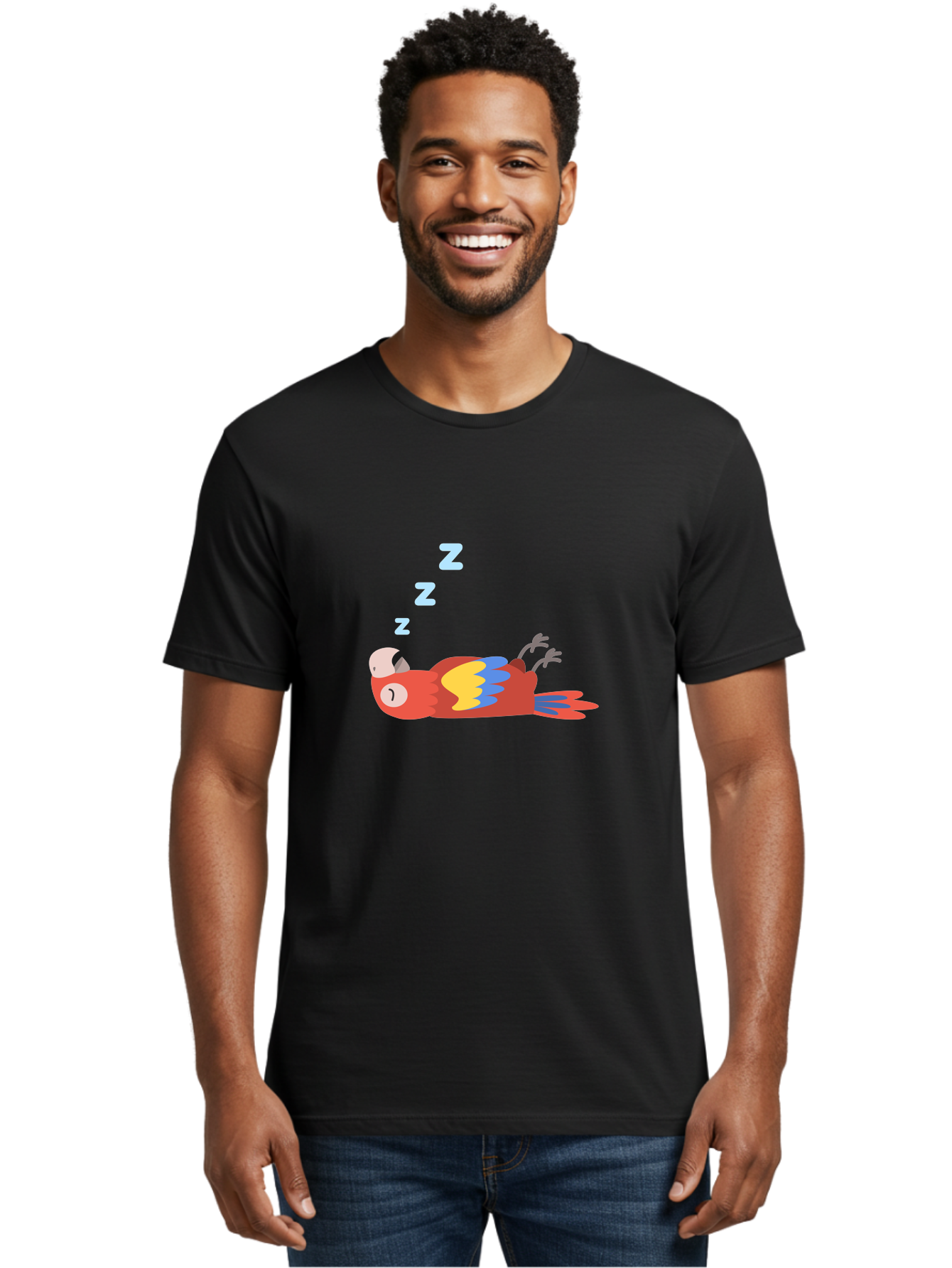 Sleeping-Parrot-1 Men'S Graphic Tee, 100% Cotton, Comfortable Casual Summer Wear, Machine Washable, Sleeping Parrot, Cartoon Bird, Colorful Plumage, Relaxed Atmosphere, Snoozing Animal, Zzz, Dreamy Expression, Vibrant Feathers, Tropical Bird Aab888