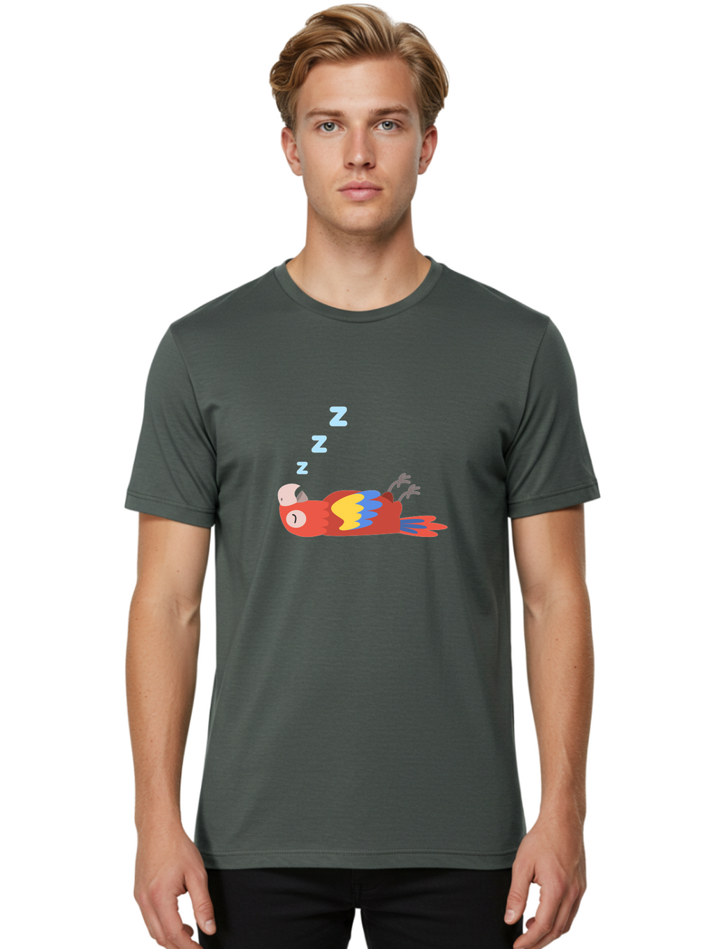 Sleeping-Parrot-1 Men'S Graphic Tee, 100% Cotton, Comfortable Casual Summer Wear, Machine Washable, Sleeping Parrot, Cartoon Bird, Colorful Plumage, Relaxed Atmosphere, Snoozing Animal, Zzz, Dreamy Expression, Vibrant Feathers, Tropical Bird Aab888