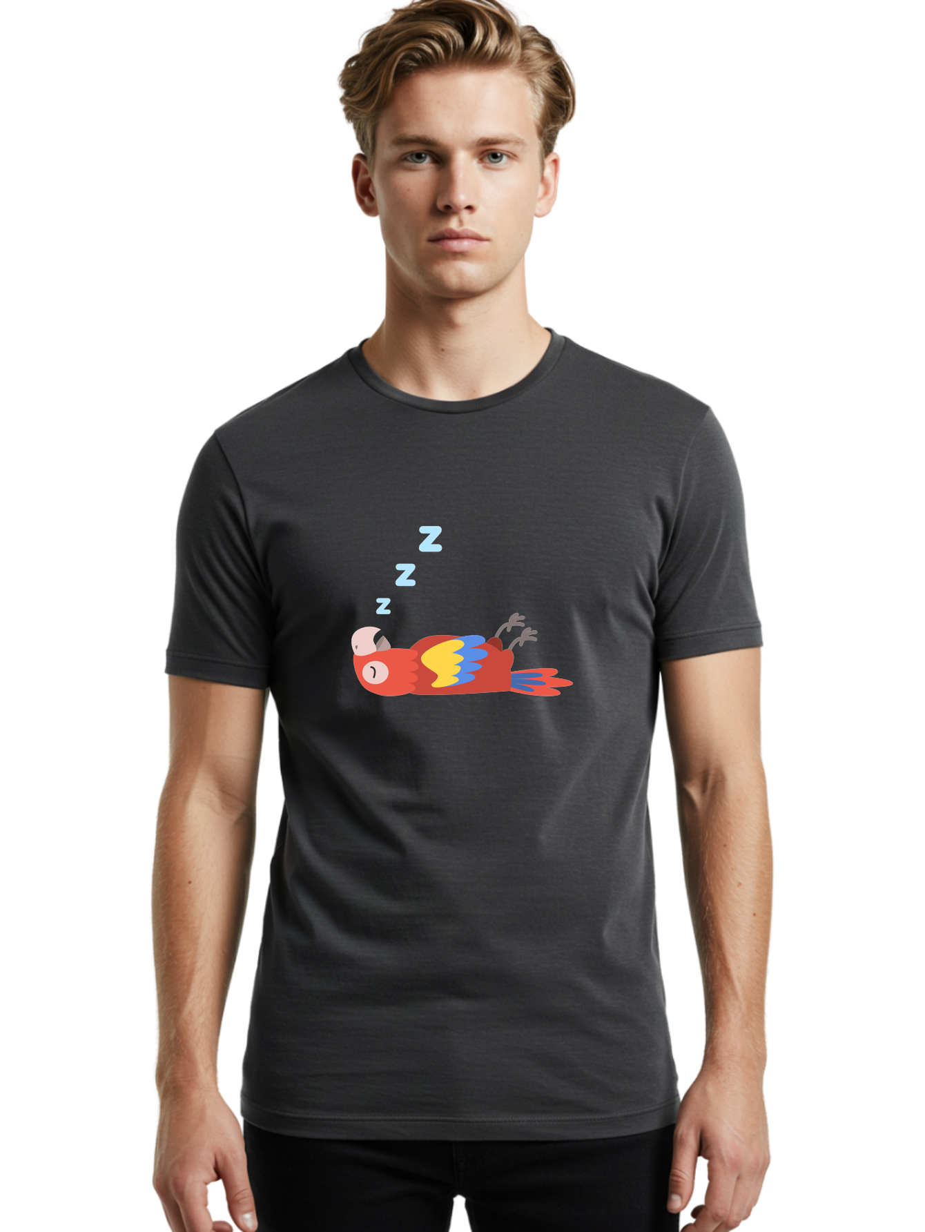 Sleeping-Parrot-1 Men'S Graphic Tee, 100% Cotton, Comfortable Casual Summer Wear, Machine Washable, Sleeping Parrot, Cartoon Bird, Colorful Plumage, Relaxed Atmosphere, Snoozing Animal, Zzz, Dreamy Expression, Vibrant Feathers, Tropical Bird Aab888