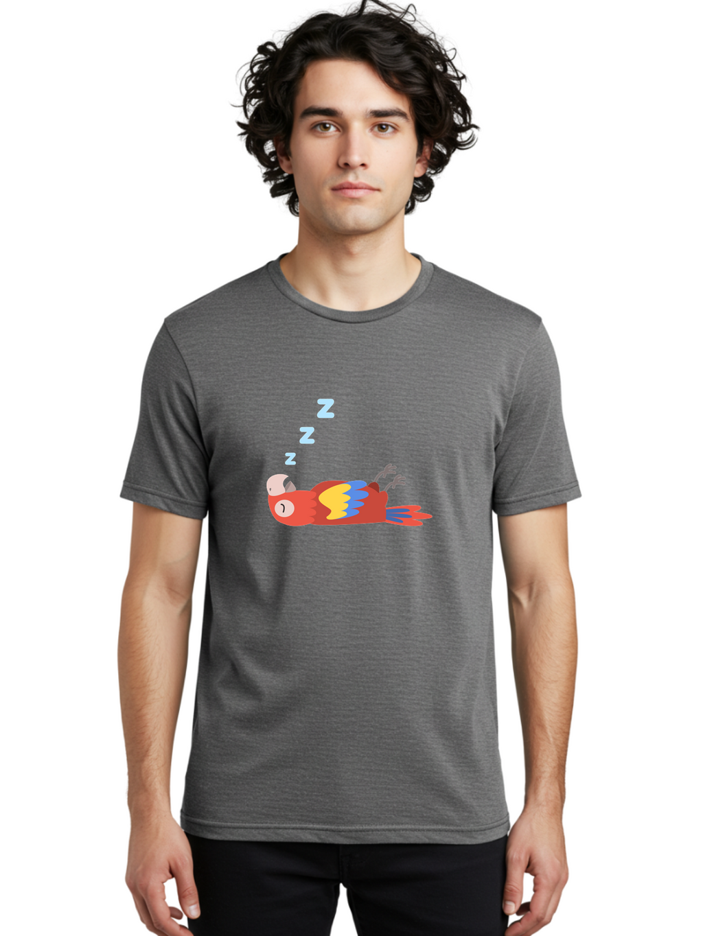 Sleeping-Parrot-1 Men'S Graphic Tee, 100% Cotton, Comfortable Casual Summer Wear, Machine Washable, Sleeping Parrot, Cartoon Bird, Colorful Plumage, Relaxed Atmosphere, Snoozing Animal, Zzz, Dreamy Expression, Vibrant Feathers, Tropical Bird Aab888