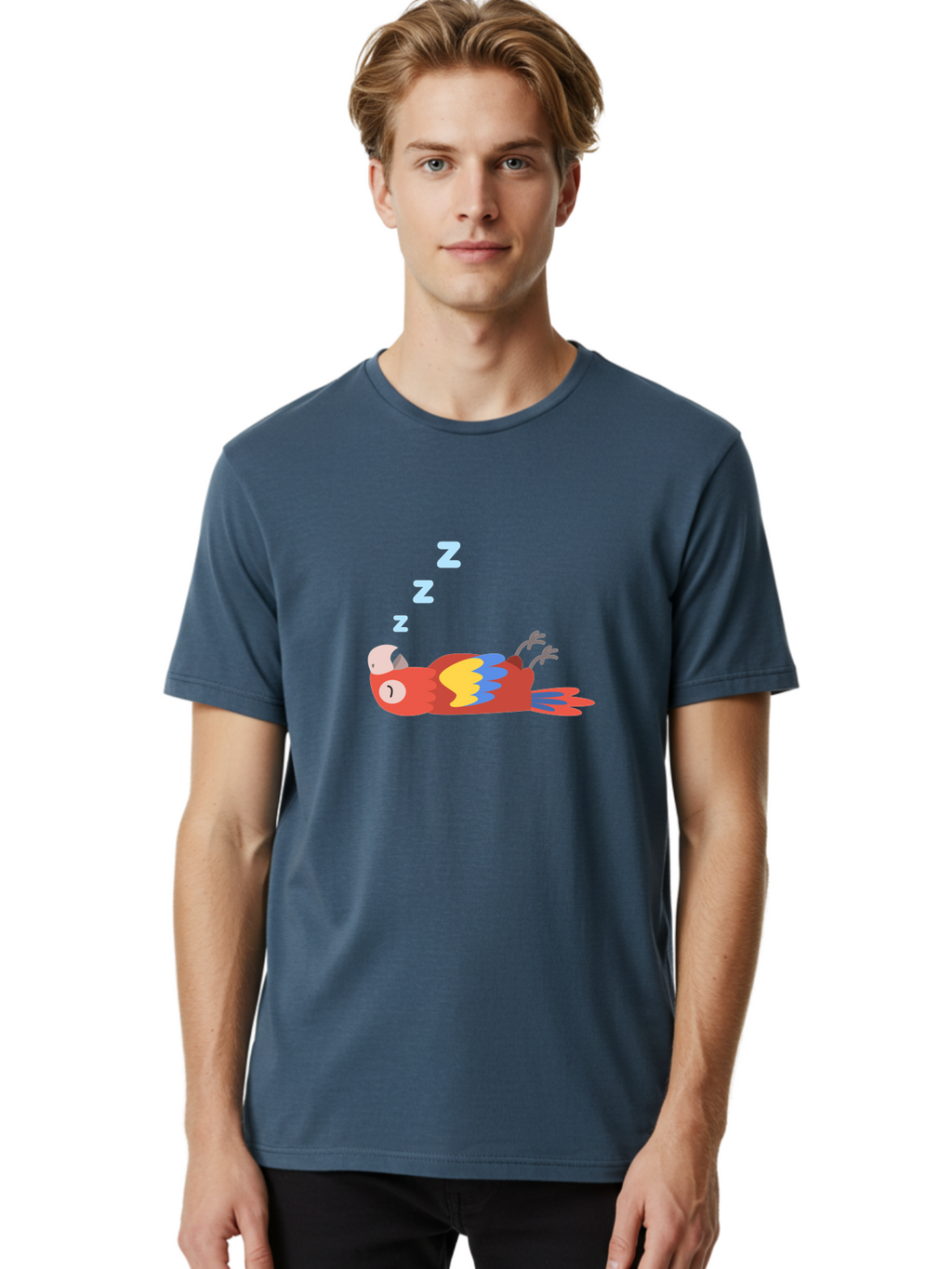 Sleeping-Parrot-1 Men'S Graphic Tee, 100% Cotton, Comfortable Casual Summer Wear, Machine Washable, Sleeping Parrot, Cartoon Bird, Colorful Plumage, Relaxed Atmosphere, Snoozing Animal, Zzz, Dreamy Expression, Vibrant Feathers, Tropical Bird Aab888