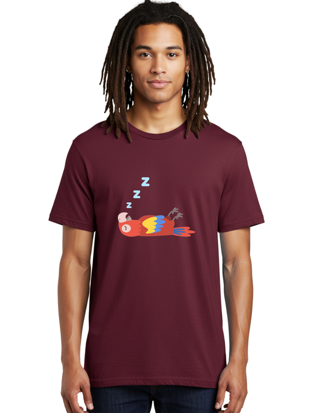 Sleeping-Parrot-1 Men'S Graphic Tee, 100% Cotton, Comfortable Casual Summer Wear, Machine Washable, Sleeping Parrot, Cartoon Bird, Colorful Plumage, Relaxed Atmosphere, Snoozing Animal, Zzz, Dreamy Expression, Vibrant Feathers, Tropical Bird Aab888