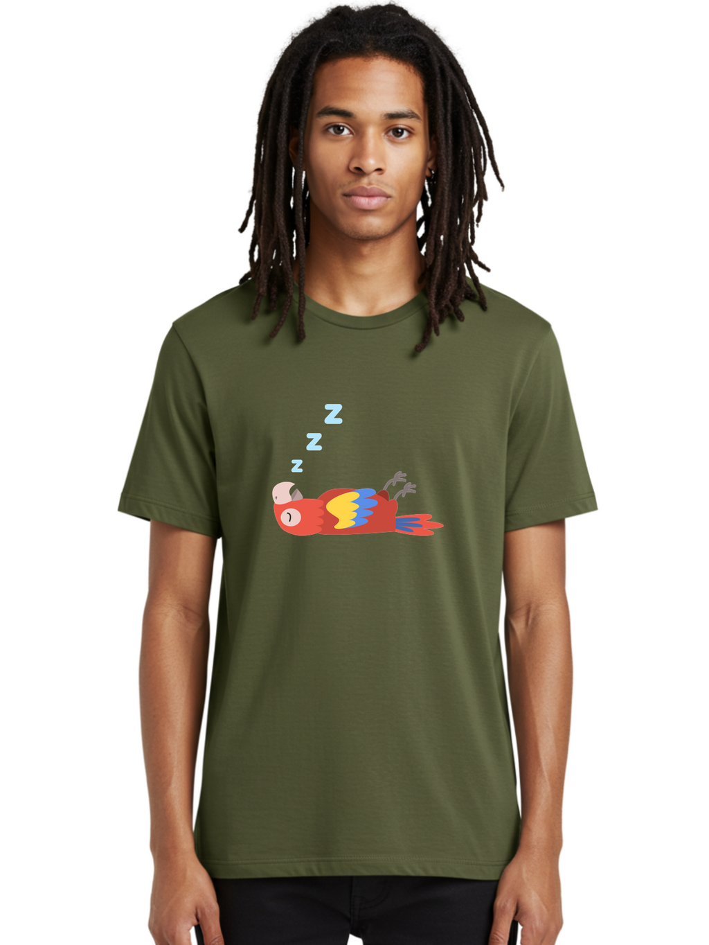 Sleeping-Parrot-1 Men'S Graphic Tee, 100% Cotton, Comfortable Casual Summer Wear, Machine Washable, Sleeping Parrot, Cartoon Bird, Colorful Plumage, Relaxed Atmosphere, Snoozing Animal, Zzz, Dreamy Expression, Vibrant Feathers, Tropical Bird Aab888