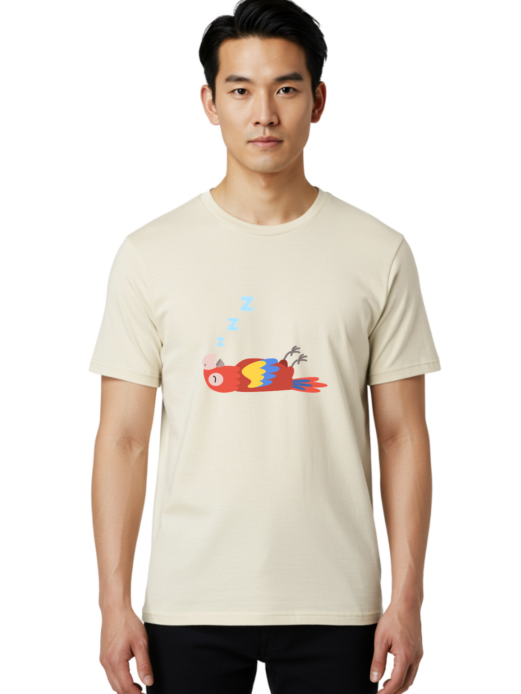 Sleeping-Parrot-1 Men'S Graphic Tee, 100% Cotton, Comfortable Casual Summer Wear, Machine Washable, Sleeping Parrot, Cartoon Bird, Colorful Plumage, Relaxed Atmosphere, Snoozing Animal, Zzz, Dreamy Expression, Vibrant Feathers, Tropical Bird Aab888