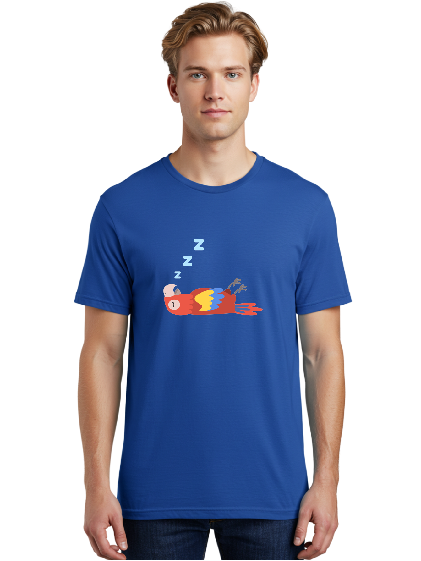 Sleeping-Parrot-1 Men'S Graphic Tee, 100% Cotton, Comfortable Casual Summer Wear, Machine Washable, Sleeping Parrot, Cartoon Bird, Colorful Plumage, Relaxed Atmosphere, Snoozing Animal, Zzz, Dreamy Expression, Vibrant Feathers, Tropical Bird Aab888