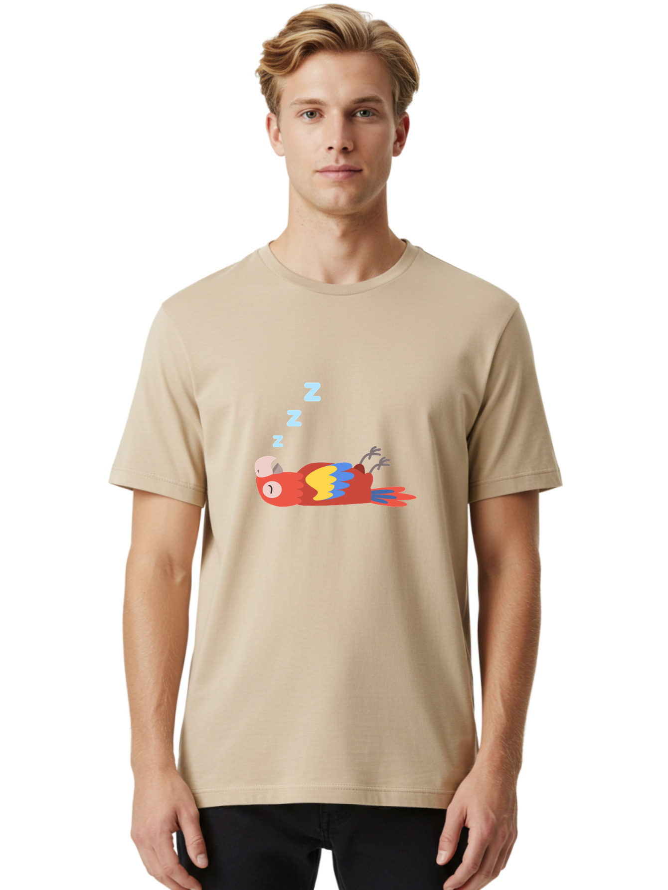 Sleeping-Parrot-1 Men'S Graphic Tee, 100% Cotton, Comfortable Casual Summer Wear, Machine Washable, Sleeping Parrot, Cartoon Bird, Colorful Plumage, Relaxed Atmosphere, Snoozing Animal, Zzz, Dreamy Expression, Vibrant Feathers, Tropical Bird Aab888