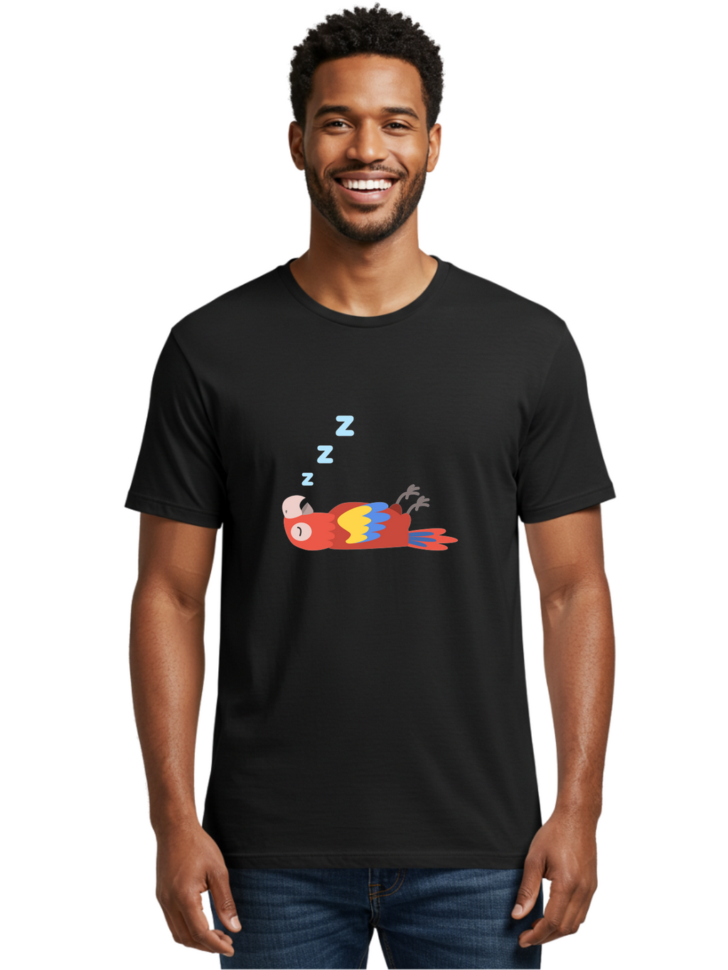 Sleeping-Parrot Men'S Graphic Tee, 100% Cotton, Comfortable Casual Summer Wear, Machine Washable, Sleeping Parrot, Cartoon Parrot, Colorful Bird, Vibrant Feathers, Blue And Yellow Wings, Relaxed Atmosphere, Dreamy Mood, Zzz Symbol Aab890
