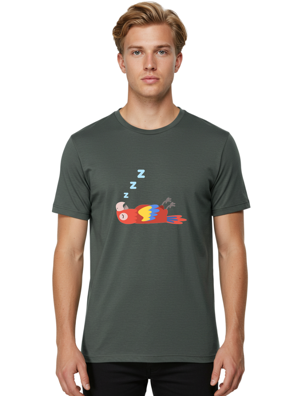 Sleeping-Parrot Men'S Graphic Tee, 100% Cotton, Comfortable Casual Summer Wear, Machine Washable, Sleeping Parrot, Cartoon Parrot, Colorful Bird, Vibrant Feathers, Blue And Yellow Wings, Relaxed Atmosphere, Dreamy Mood, Zzz Symbol Aab890