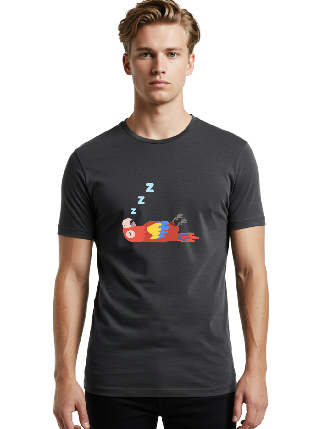 Sleeping-Parrot Men'S Graphic Tee, 100% Cotton, Comfortable Casual Summer Wear, Machine Washable, Sleeping Parrot, Cartoon Parrot, Colorful Bird, Vibrant Feathers, Blue And Yellow Wings, Relaxed Atmosphere, Dreamy Mood, Zzz Symbol Aab890