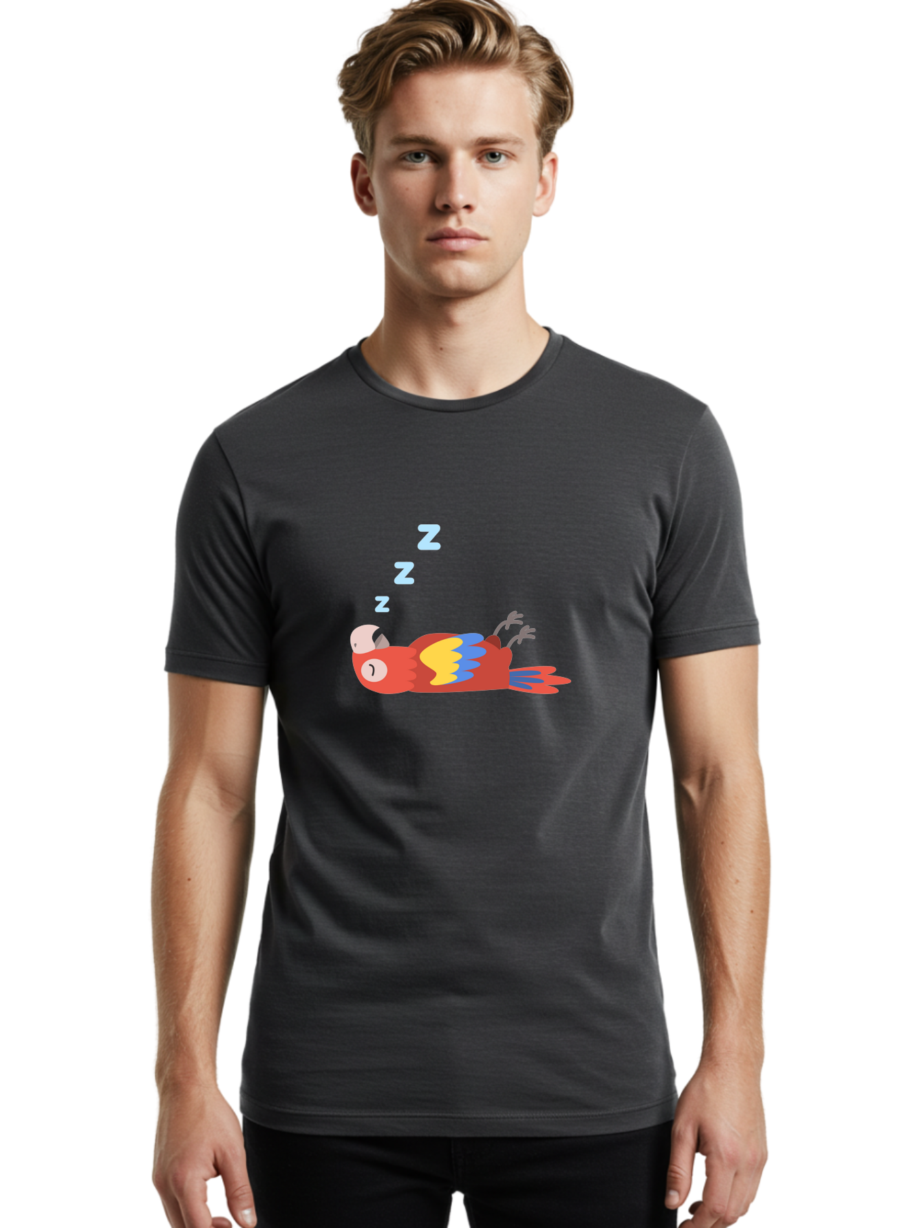 Sleeping-Parrot Men'S Graphic Tee, 100% Cotton, Comfortable Casual Summer Wear, Machine Washable, Sleeping Parrot, Cartoon Parrot, Colorful Bird, Vibrant Feathers, Blue And Yellow Wings, Relaxed Atmosphere, Dreamy Mood, Zzz Symbol Aab890