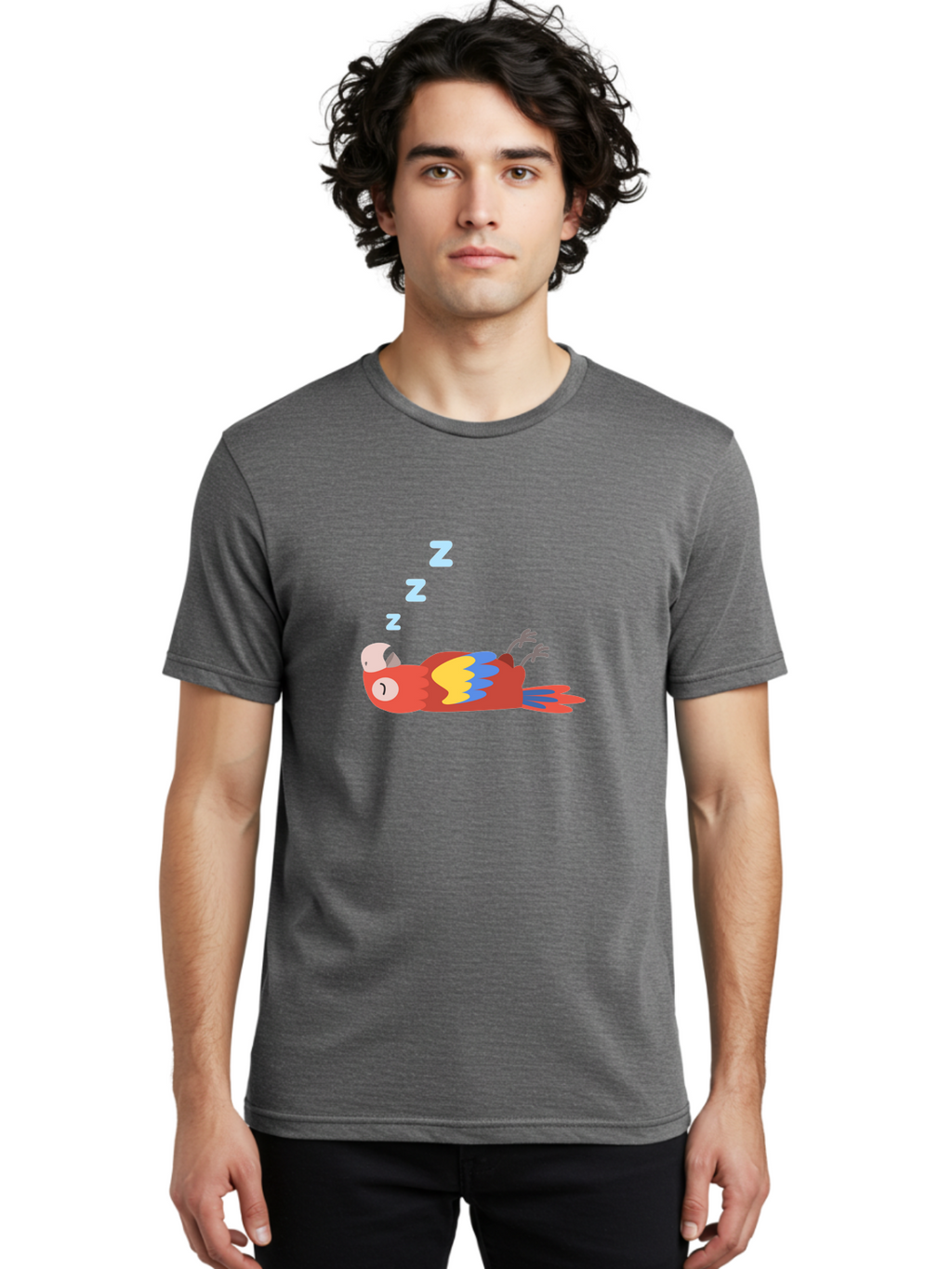 Sleeping-Parrot Men'S Graphic Tee, 100% Cotton, Comfortable Casual Summer Wear, Machine Washable, Sleeping Parrot, Cartoon Parrot, Colorful Bird, Vibrant Feathers, Blue And Yellow Wings, Relaxed Atmosphere, Dreamy Mood, Zzz Symbol Aab890